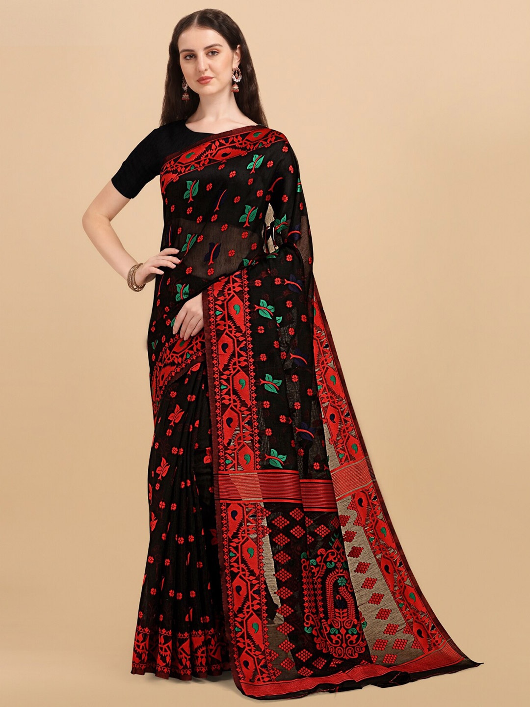 

TEREZA Ethnic Motifs Zari Silk Cotton Jamdani Saree, Black
