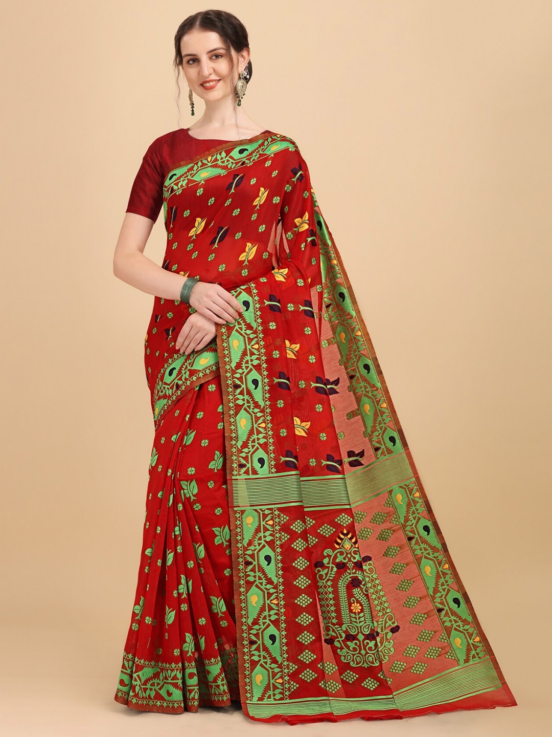 

TEREZA Floral Zari Silk Cotton Jamdani Saree, Red
