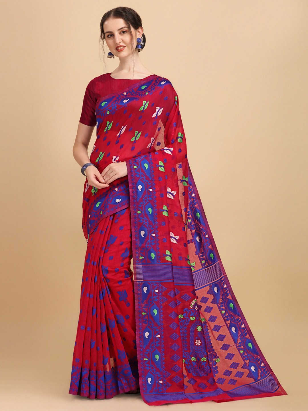 

TEREZA Floral Silk Cotton Jamdani Saree, Red