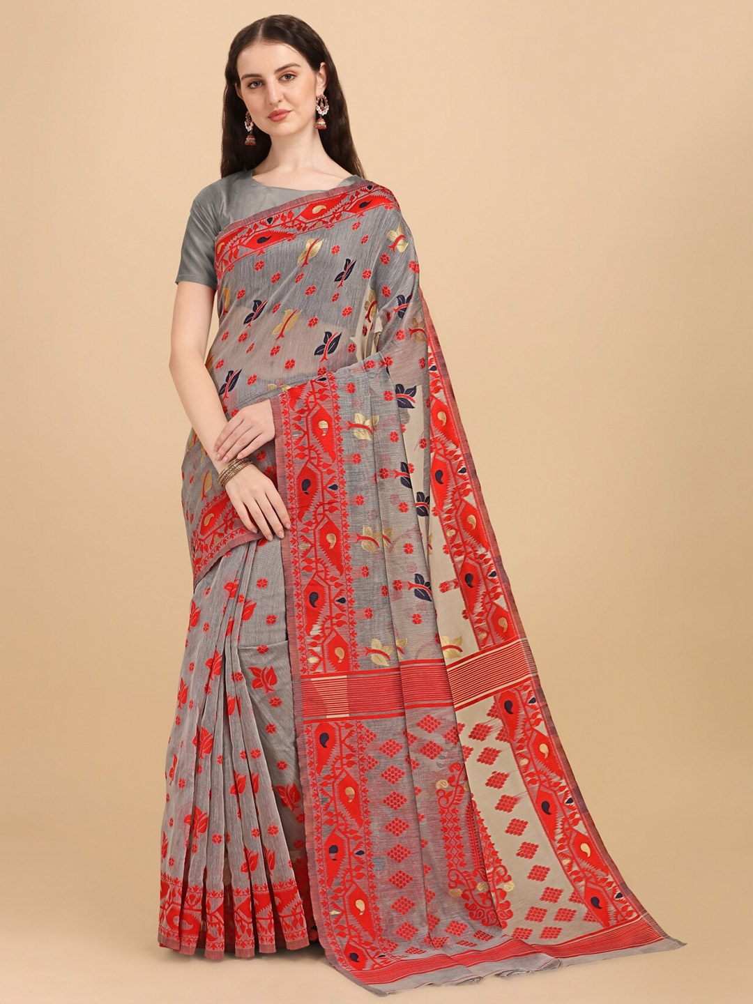 

TEREZA Floral Zari Silk Cotton Jamdani Saree, Grey