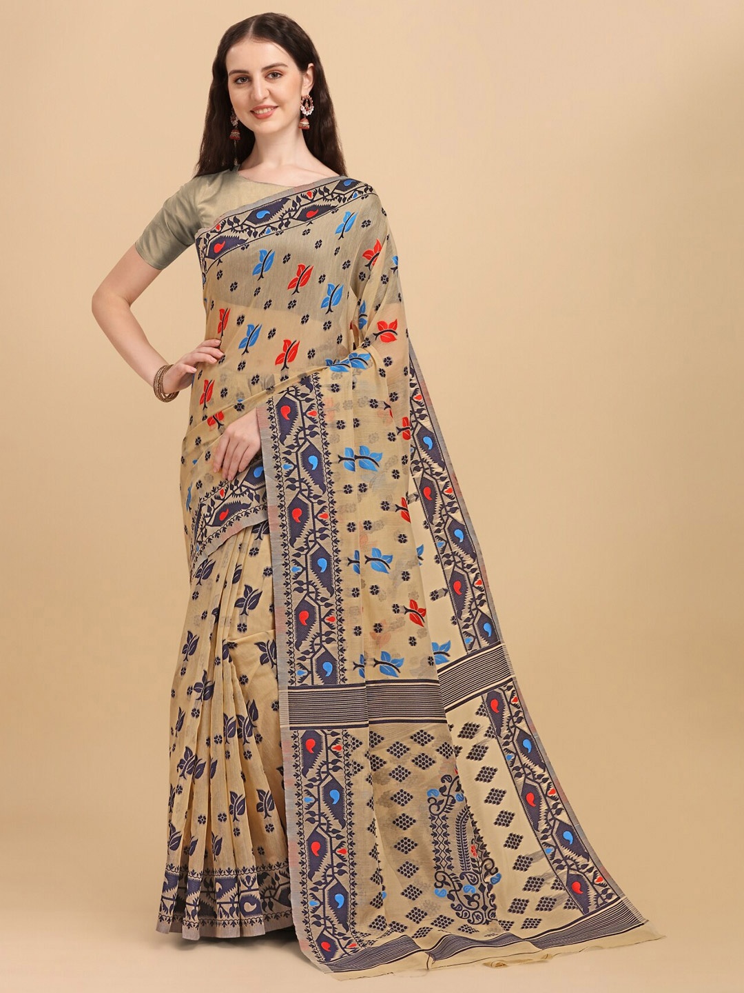 

TEREZA Woven Design Silk Cotton Jamdani Saree, Cream