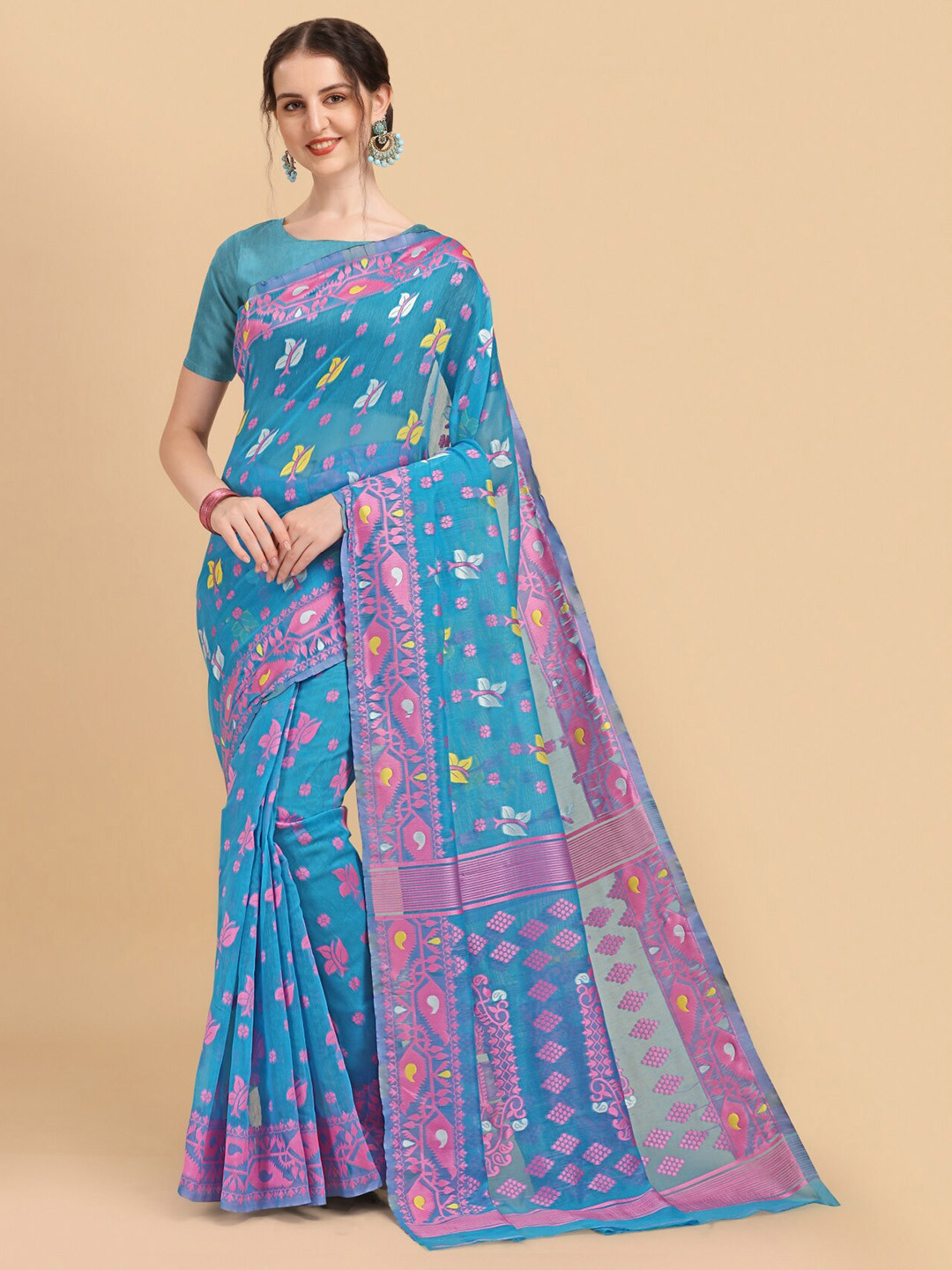 

TEREZA Ethnic Motifs Zari Silk Cotton Jamdani Saree, Turquoise blue