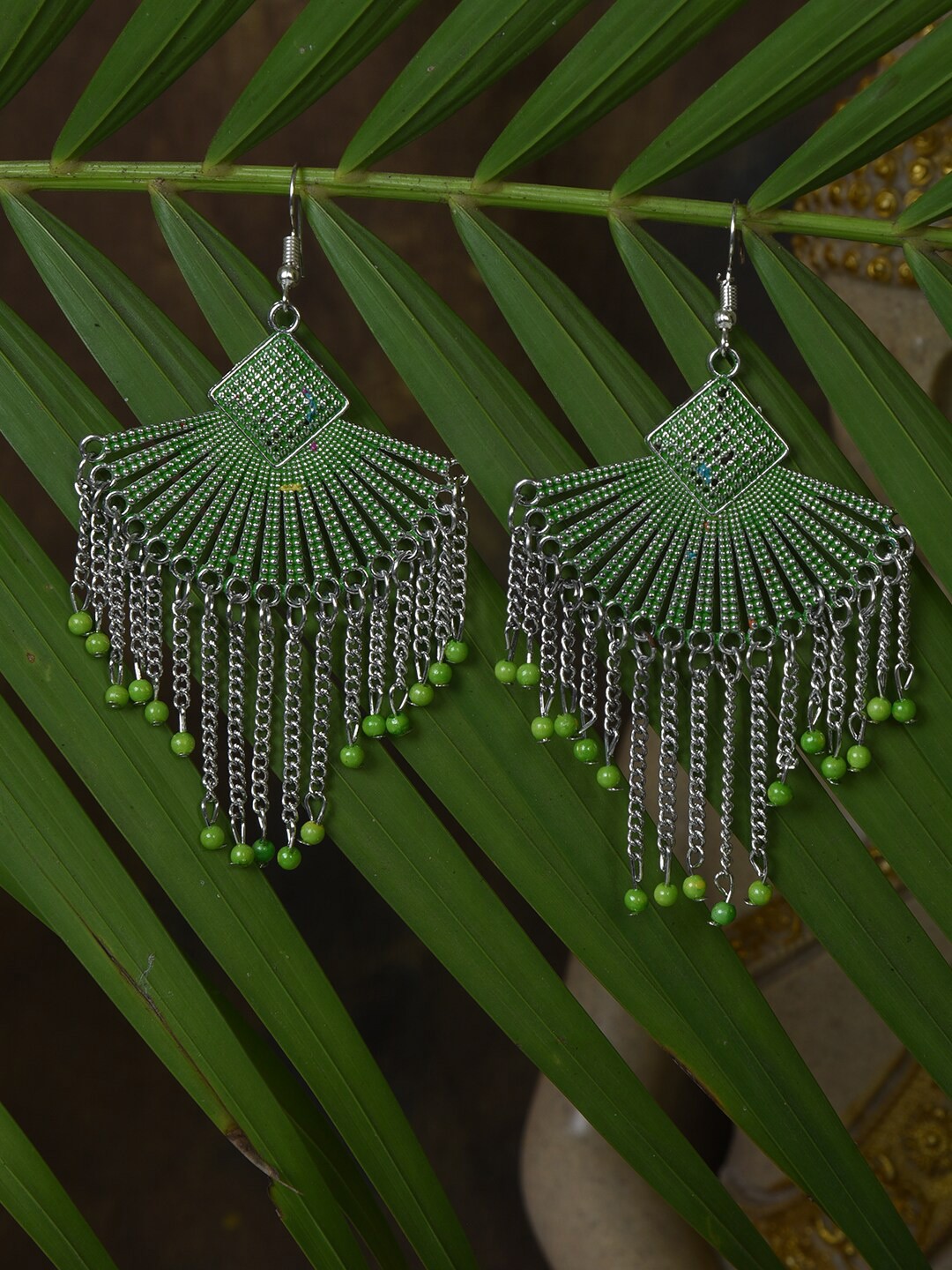 

HOUSE OF ARLI Silver-Toned Crescent Shaped Drop Earrings, Green