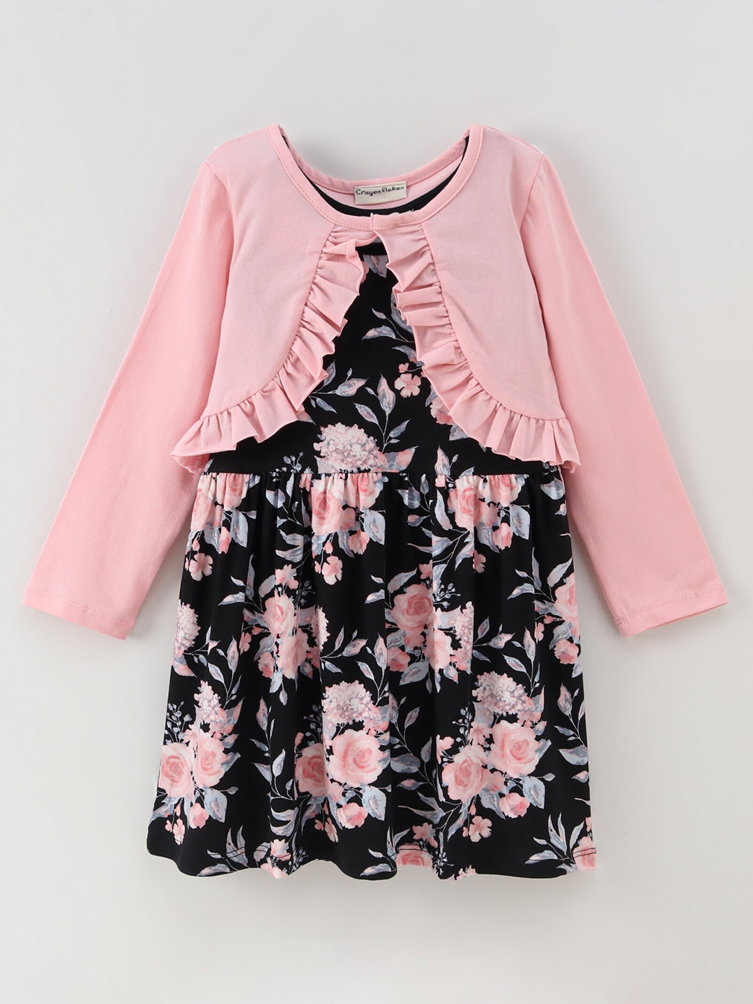 

CrayonFlakes Round Neck Floral Printed Dress, Black