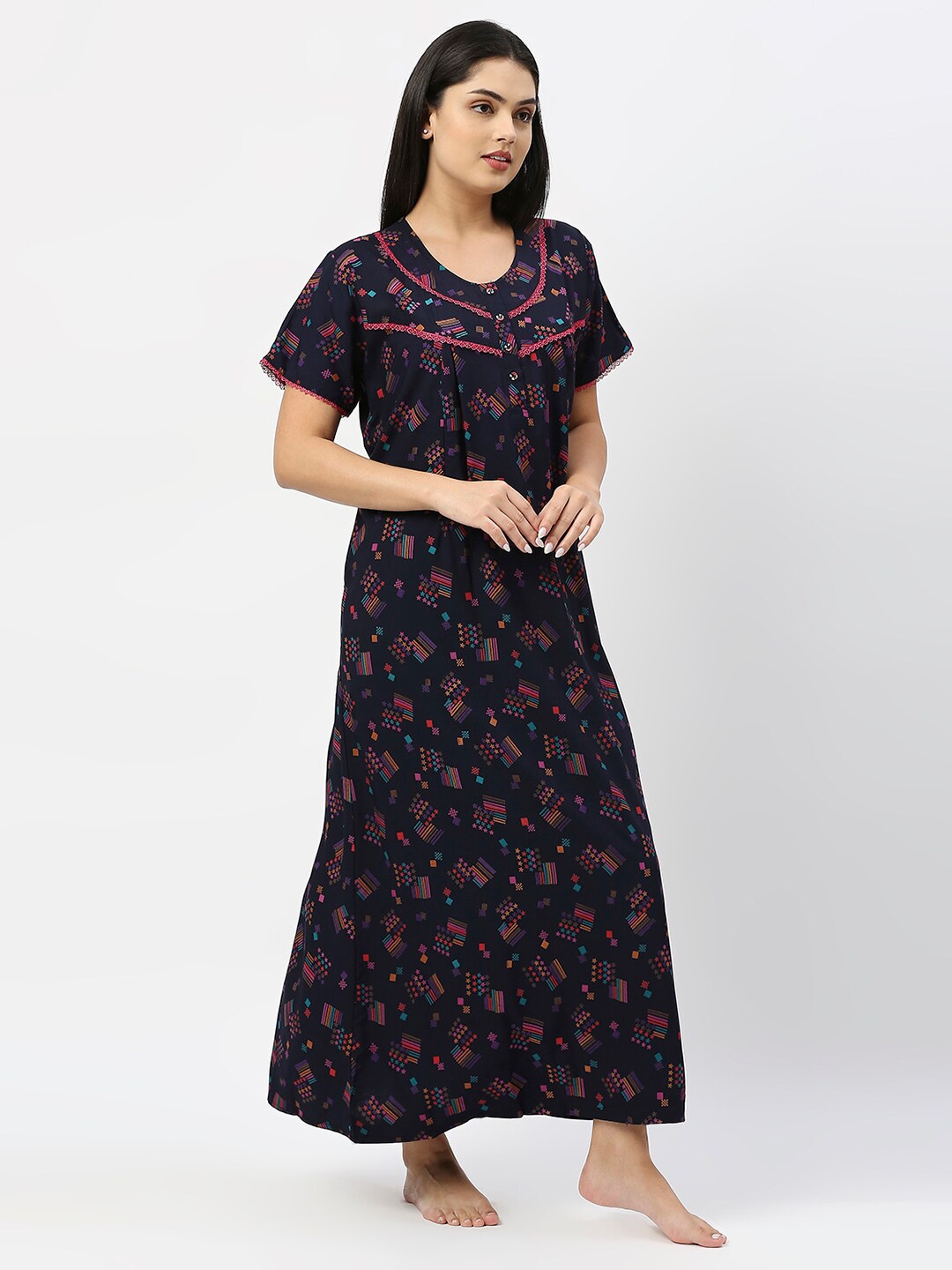 

Pretty Awesome Women Maternity Printed Maxi Nightdress, Navy blue