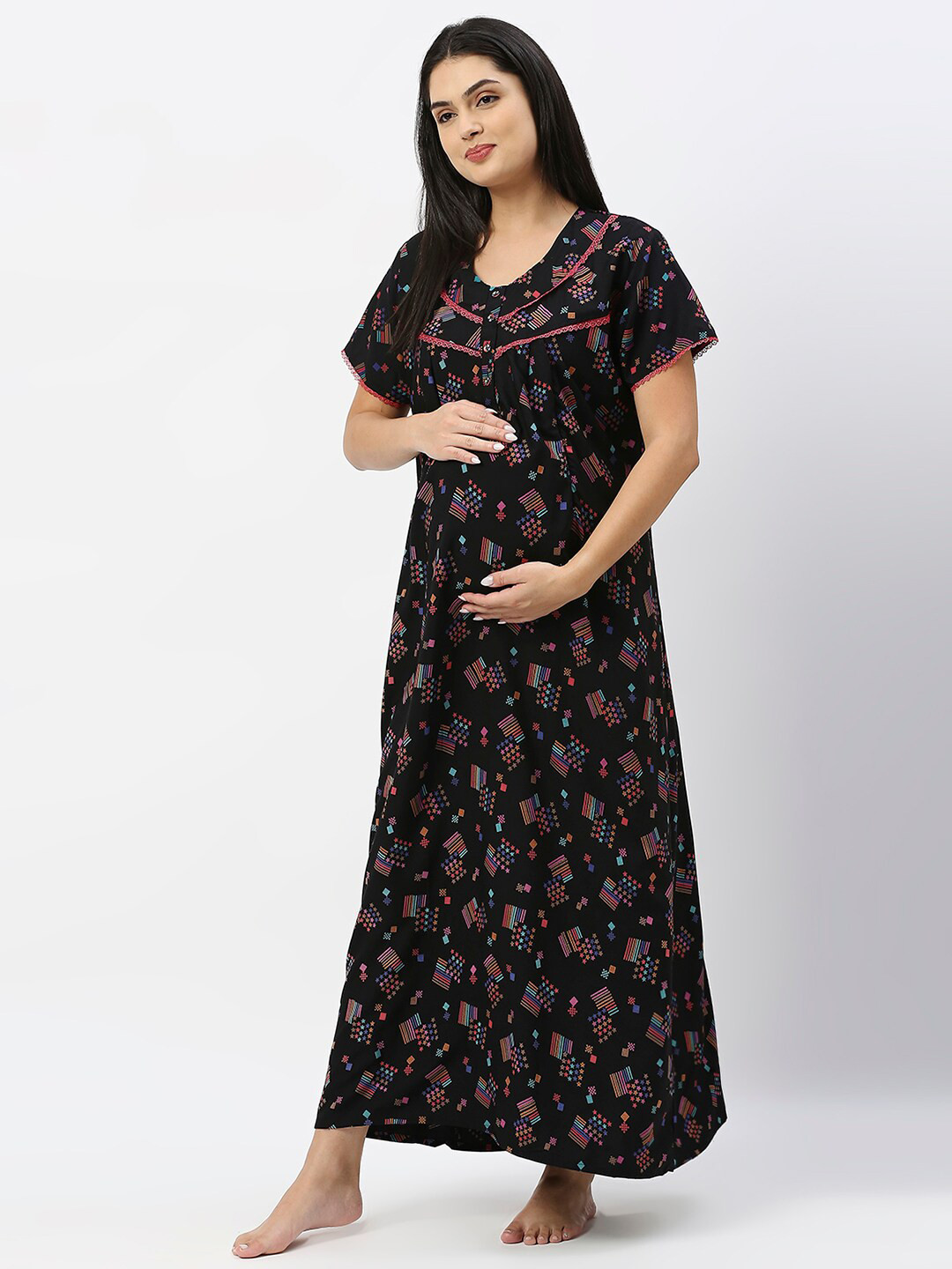 

Pretty Awesome Women Maternity Printed Maxi Nightdress, Black