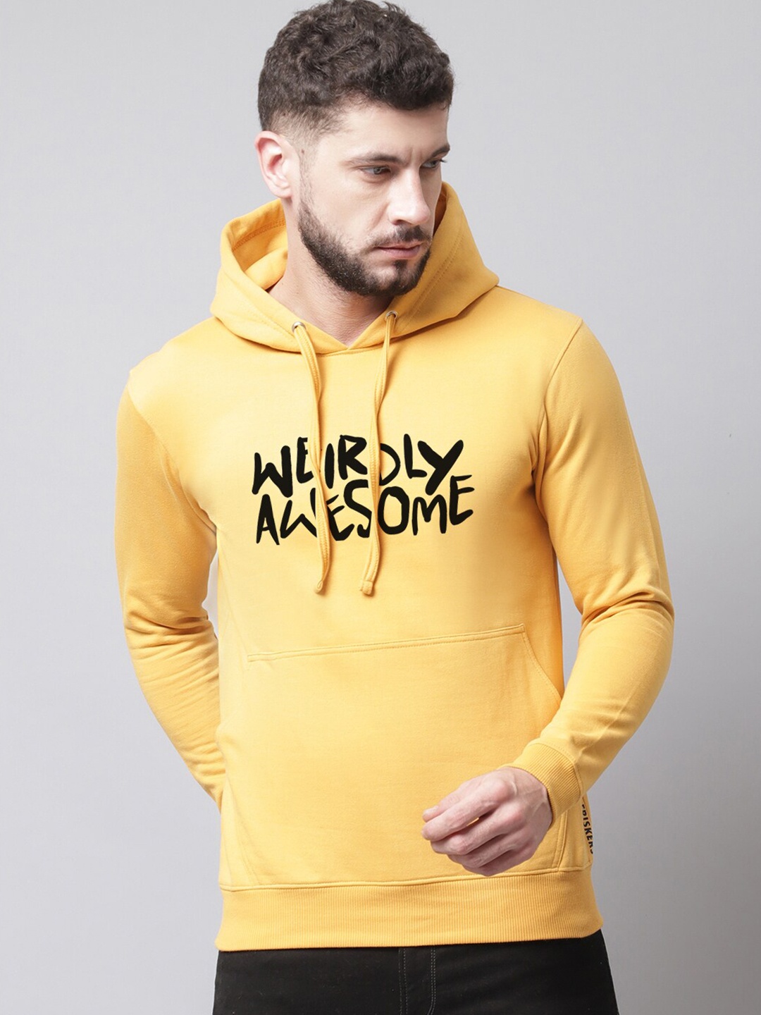 

Friskers Men Printed Fleece Hooded Sweatshirt, Yellow