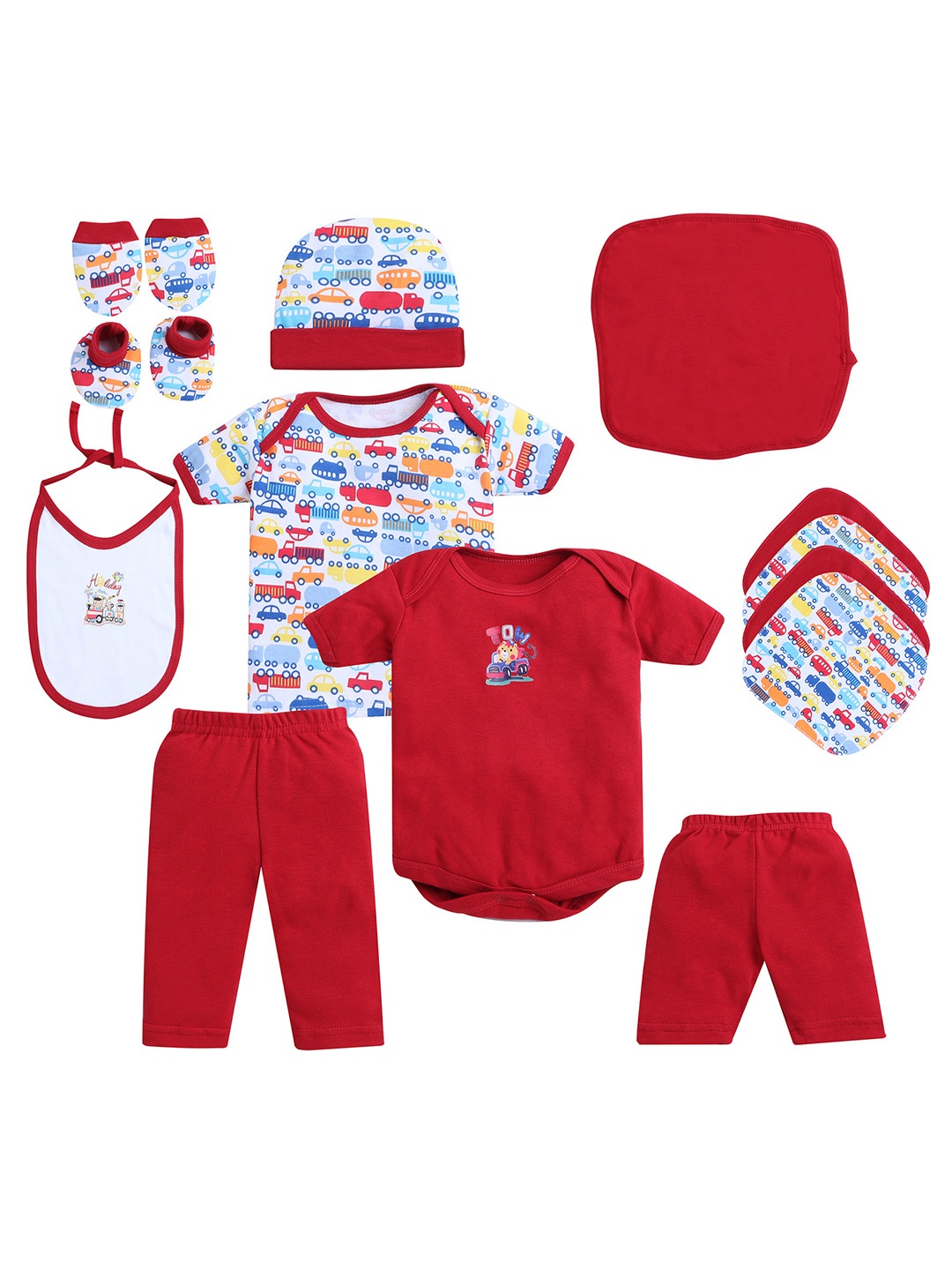 

EIO Infant Set Of 13 Printed Pure Cotton Baby Apparel Gift Set, Red