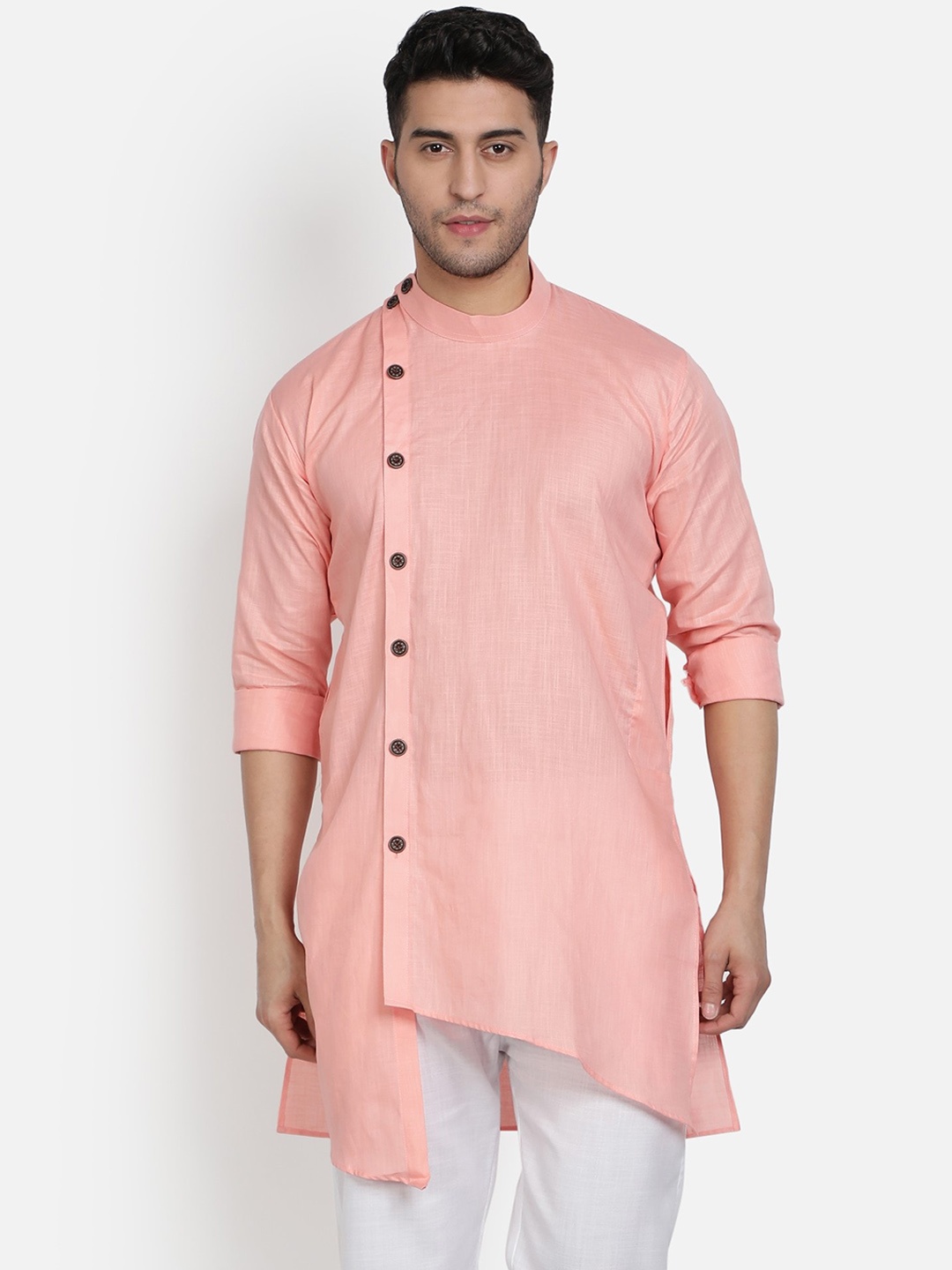 

Armaan Ethnic Men Asymmetric Band Collar Cotton Kurta, Pink