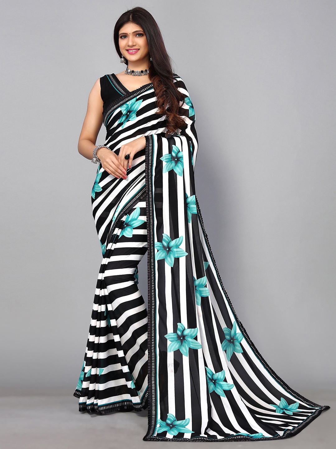 

KALINI Floral Printed Poly Georgette Saree, Black