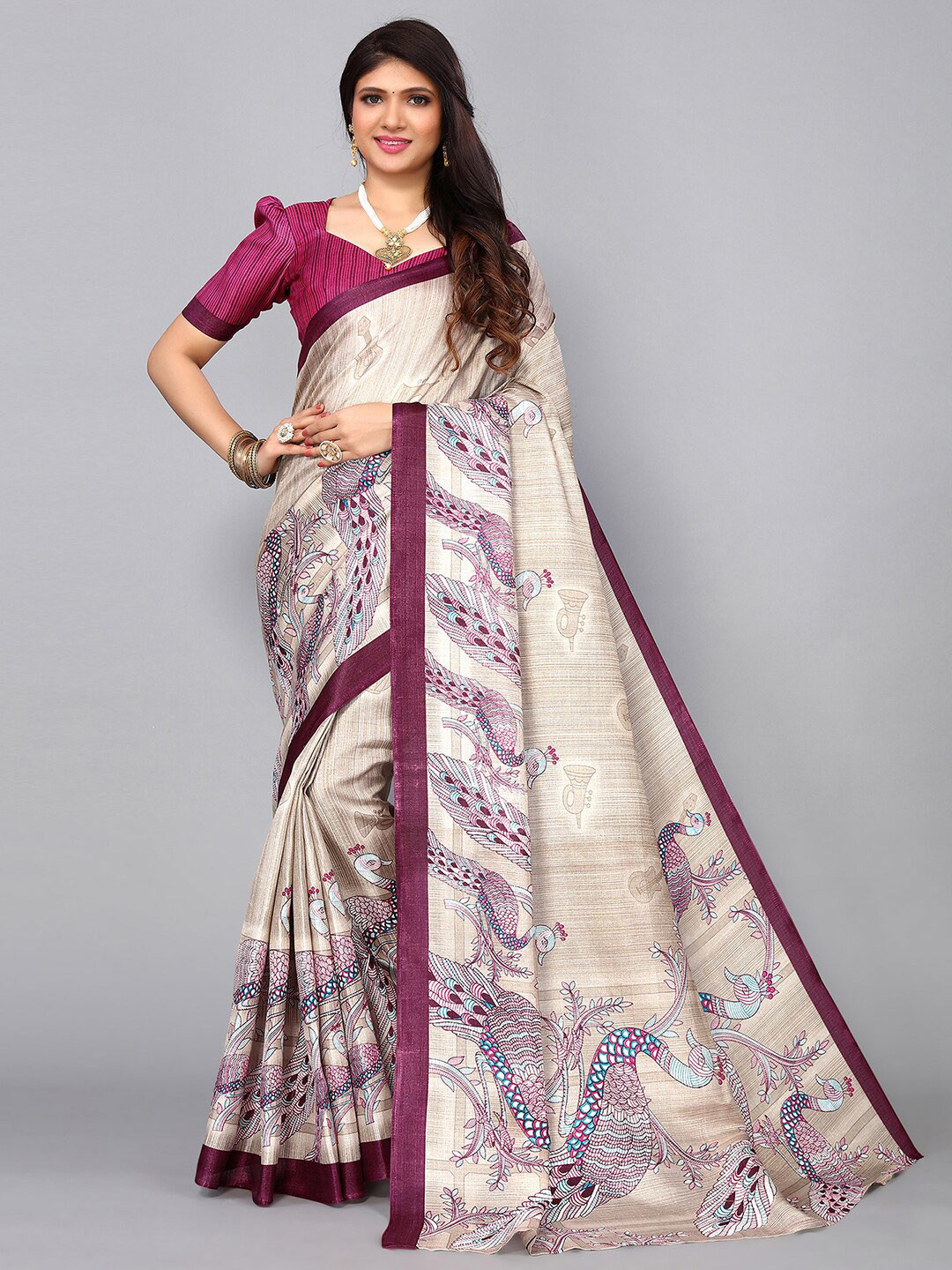 

KALINI Ethnic Motifs Silk Blend Khadi Saree, Beige