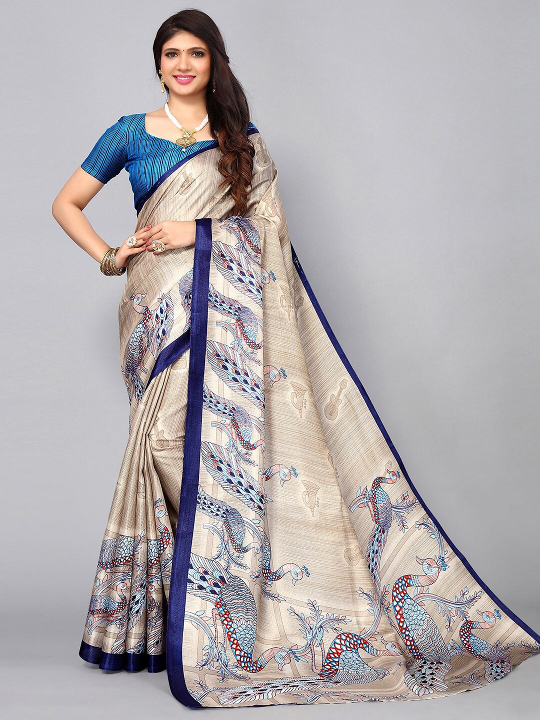

KALINI Ethnic Motifs Printed Silk Blend Saree, Beige