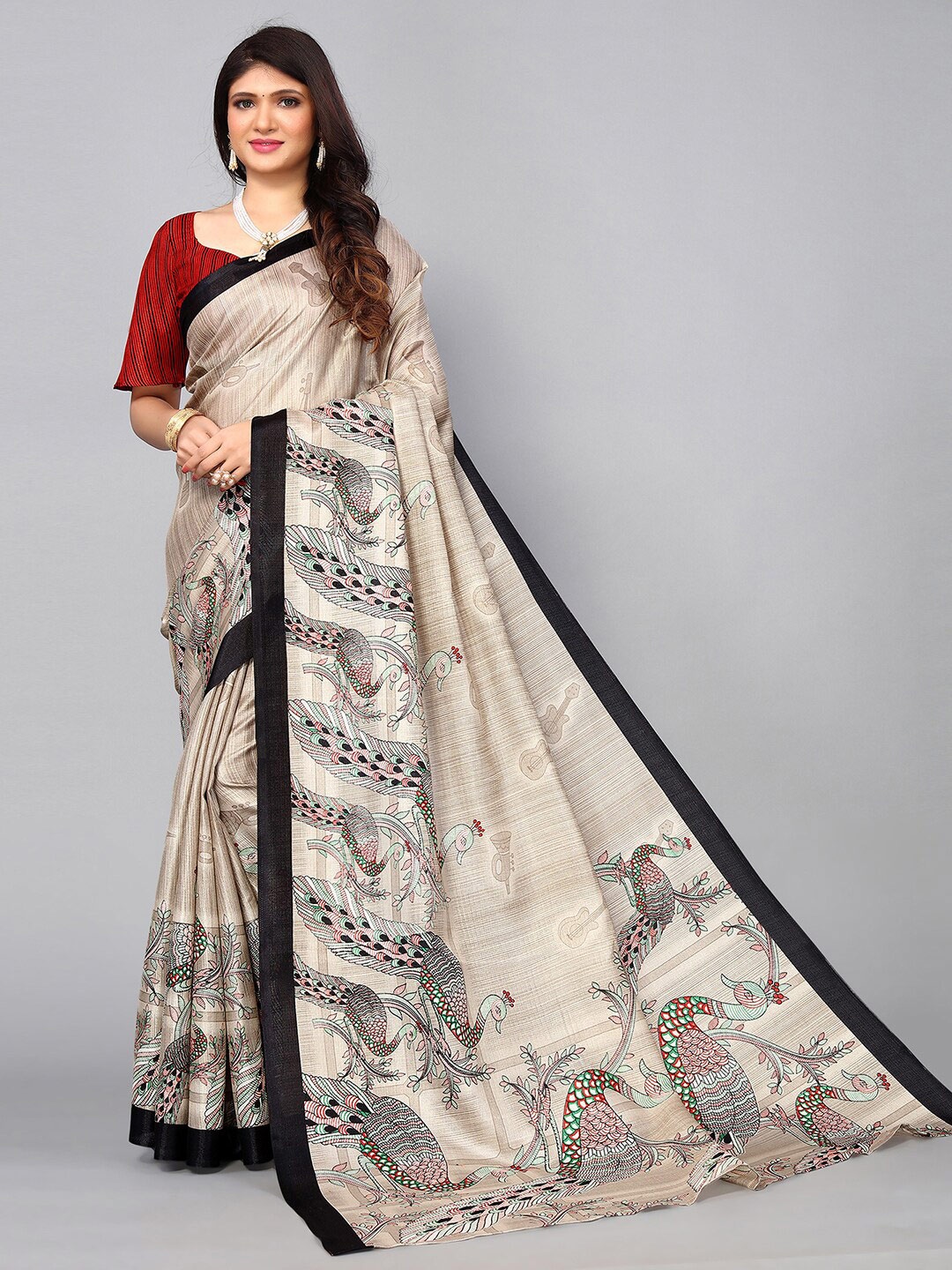 

KALINI Ethnic Motifs Silk Blend Khadi Saree, Beige