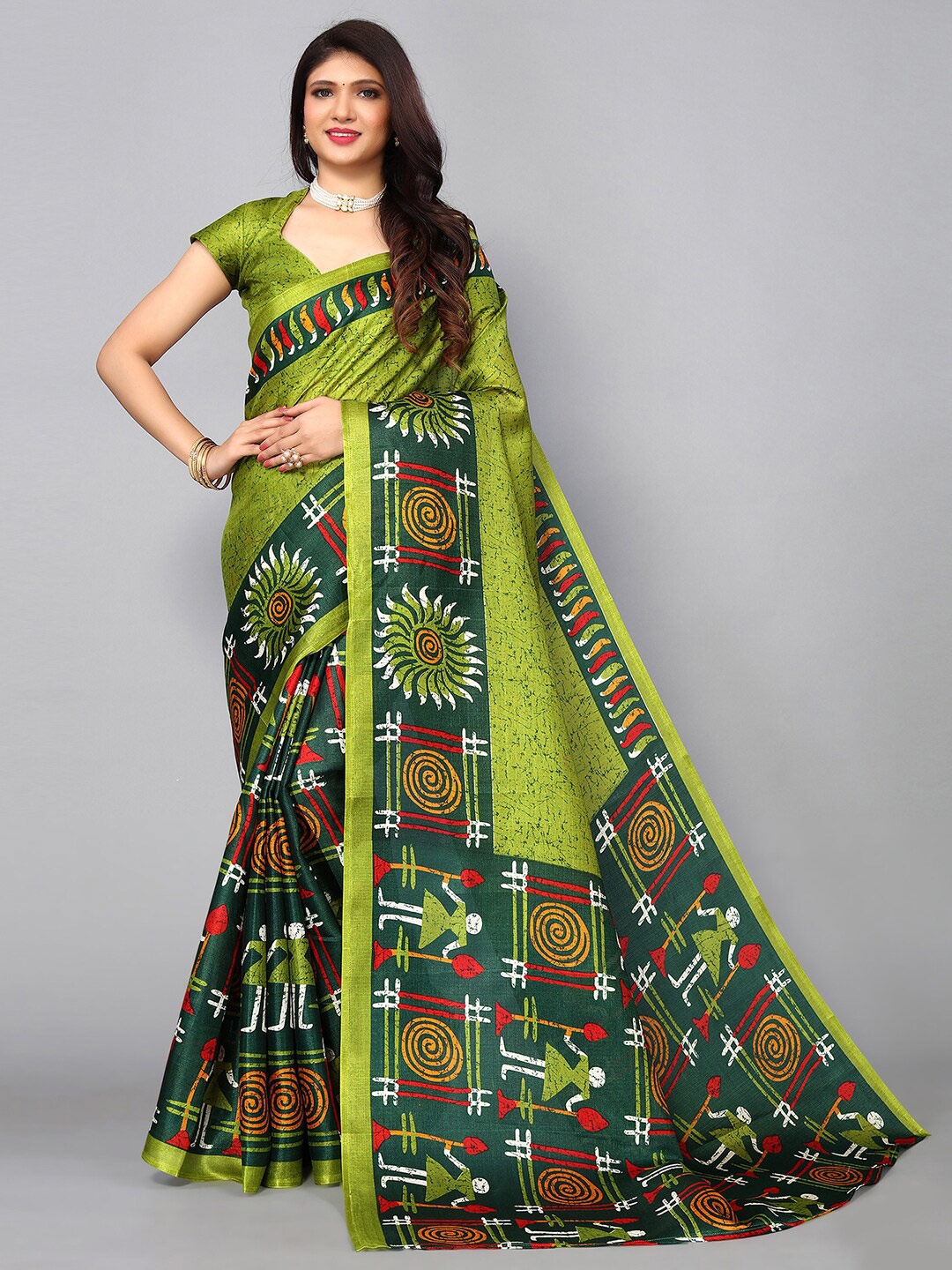 

KALINI Ethnic Motifs Silk Blend Khadi Saree, Green