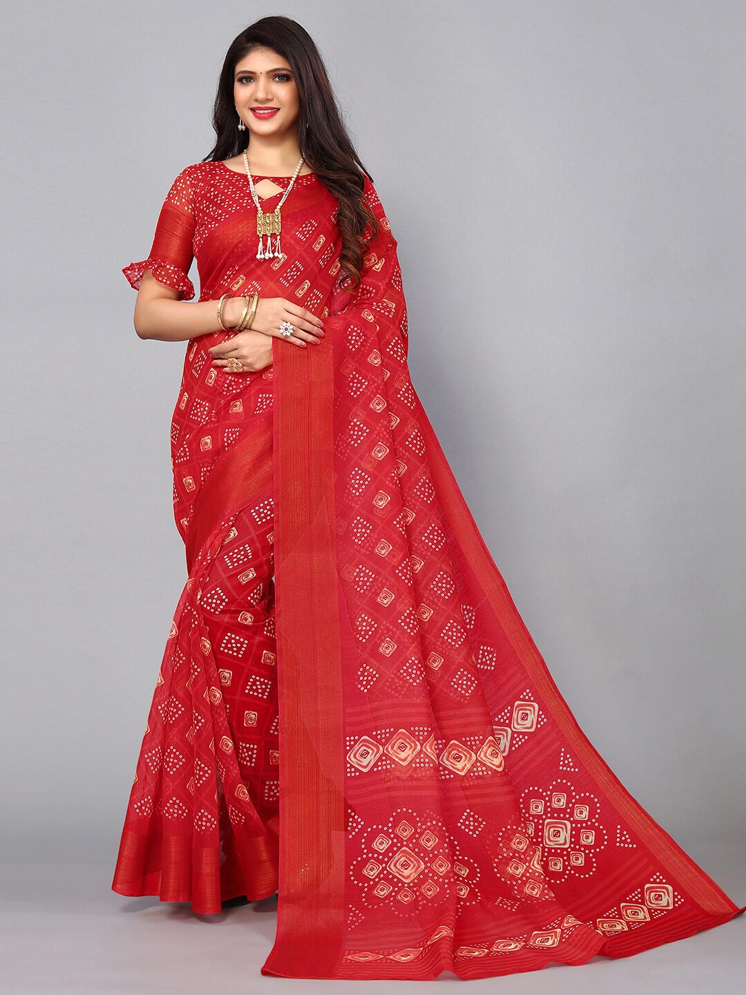 

KALINI Printed Zari Bandhani Saree, Red
