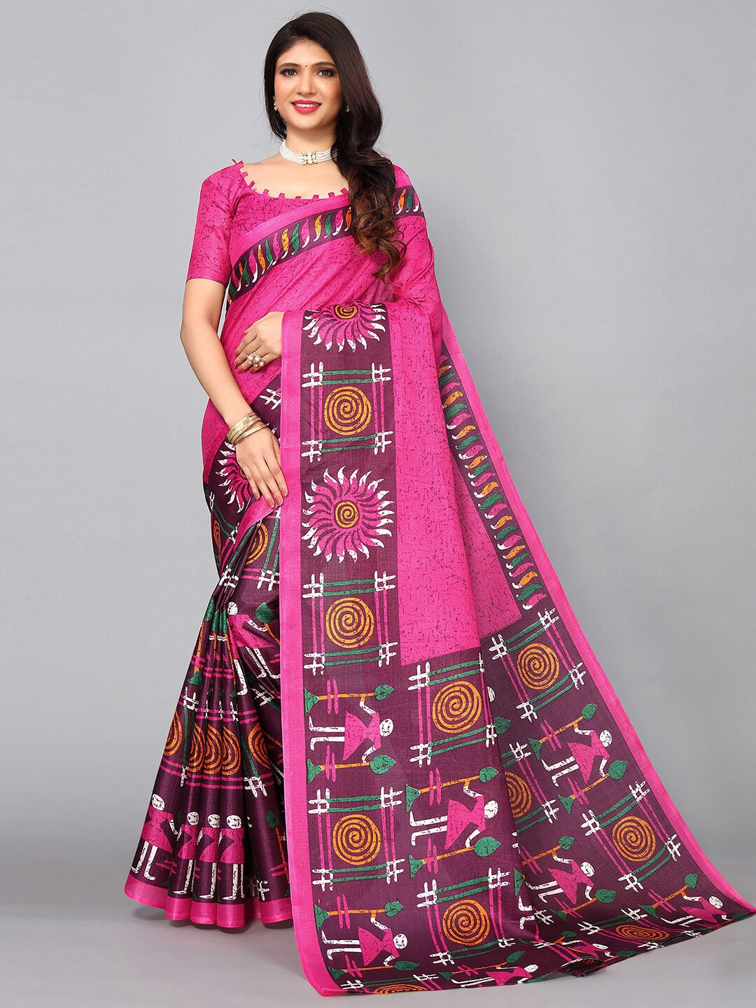 

KALINI Printed Ethnic Motifs Silk Blend Khadi Saree, Pink