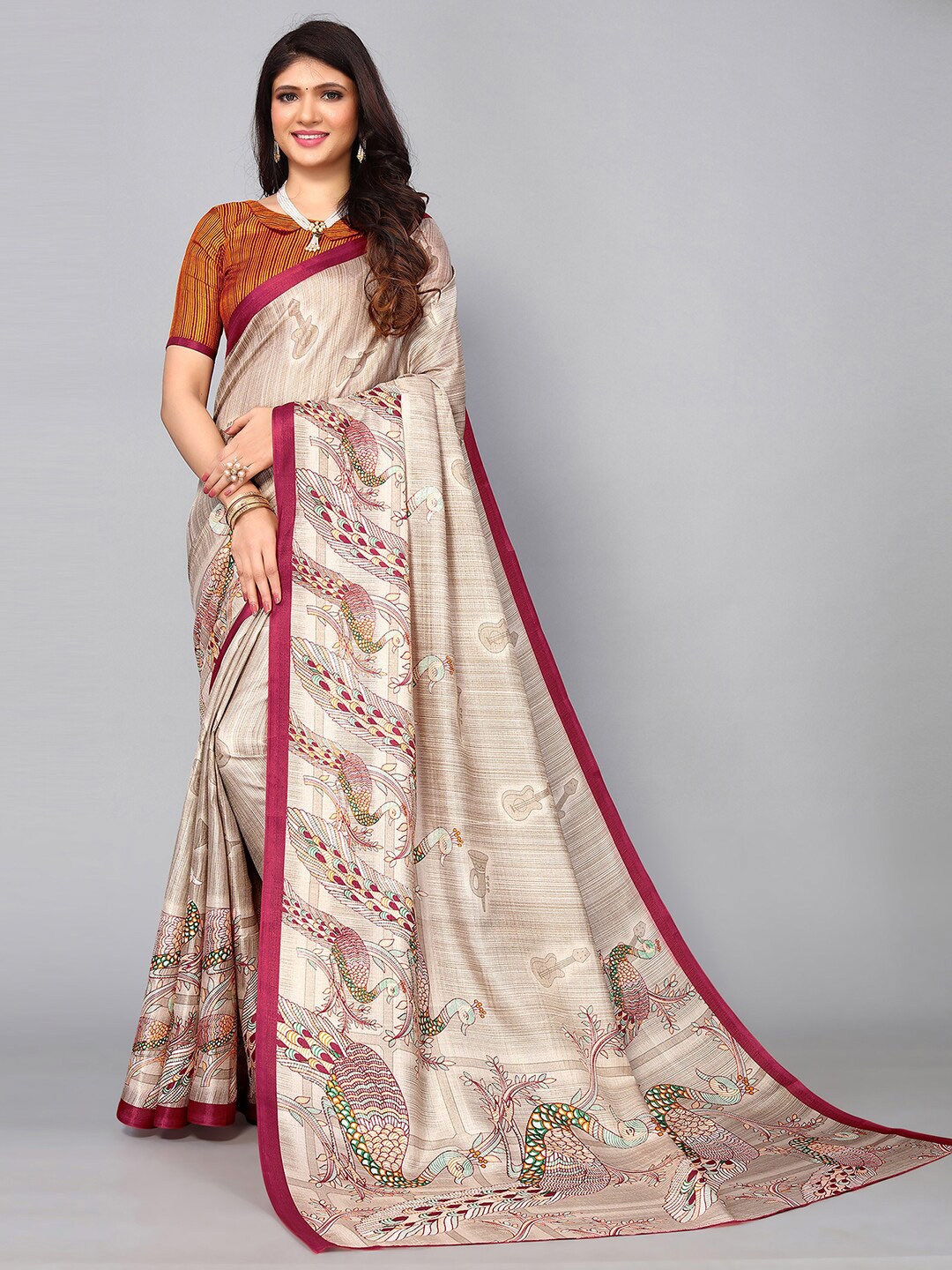 

KALINI Ethnic Motifs Silk Blend Khadi Saree, Beige