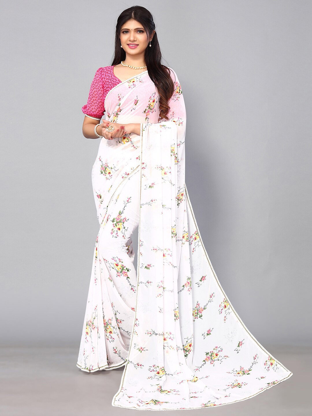 

KALINI Floral Printed Saree, White