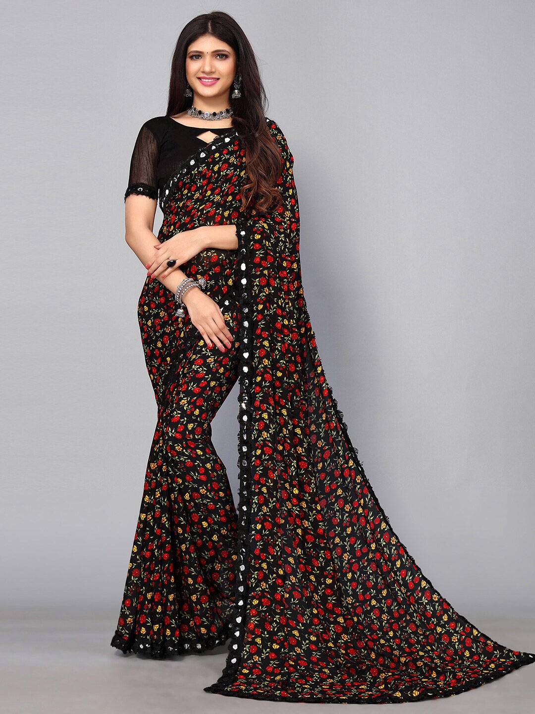 

KALINI Floral Printed Saree, Black