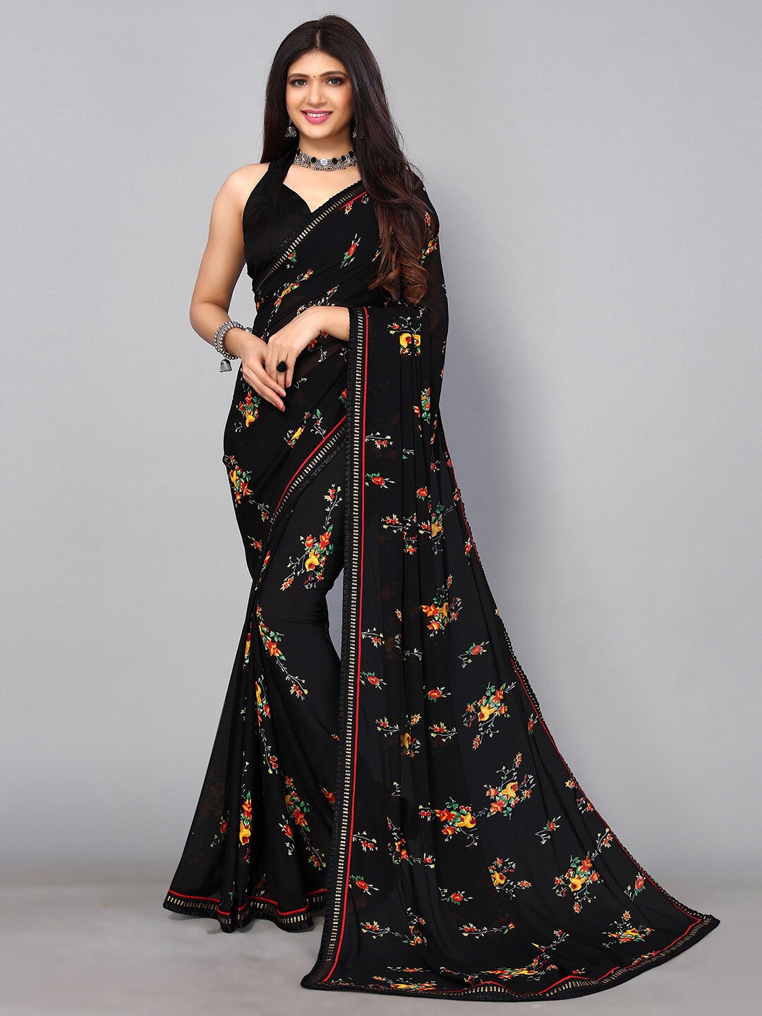 

KALINI Embellished Floral Printed Saree, Black