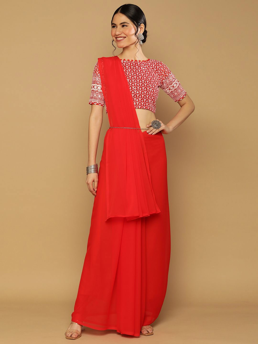 

KALINI Poly Georgette Beads & Stones Saree, Red