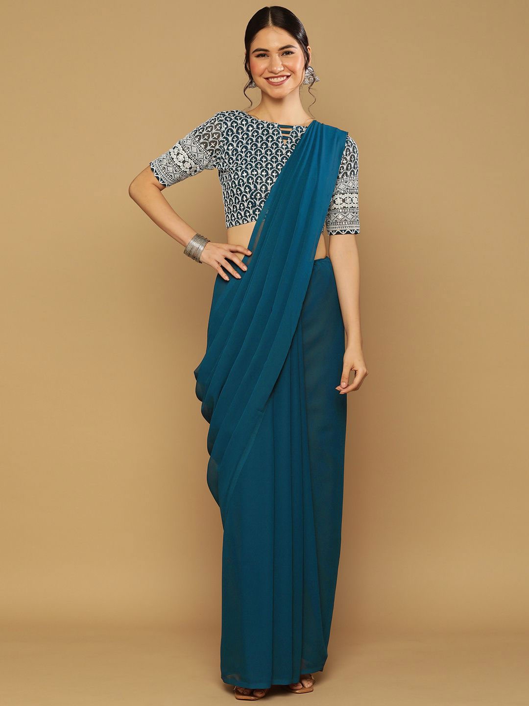 

KALINI Poly Georgette Beads & Stones Saree, Teal