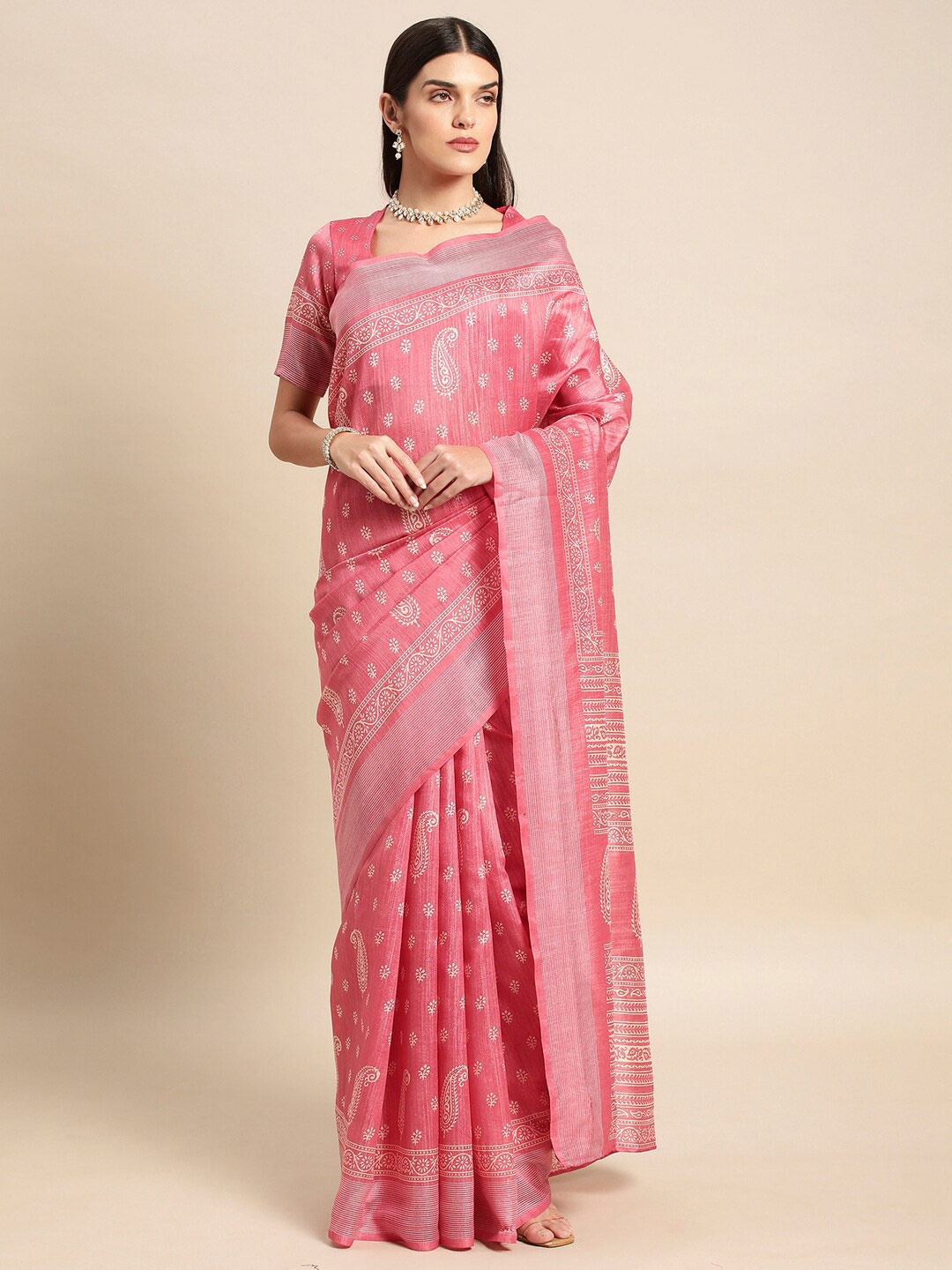 

Satrani Ethnic Motifs Printed Festive Saree, Pink