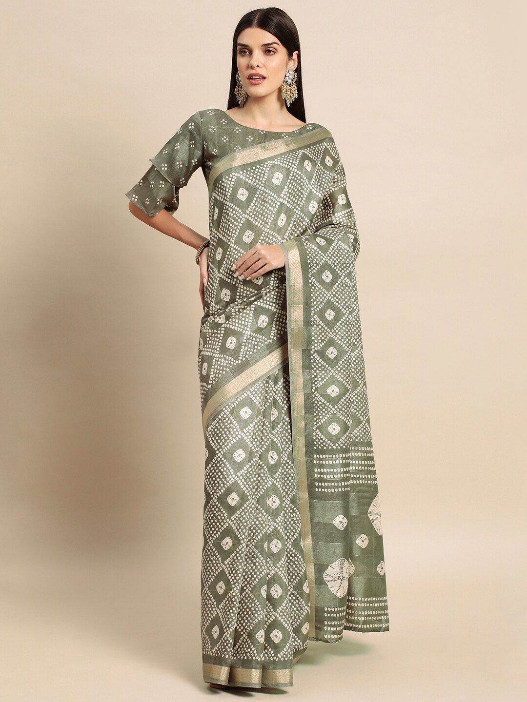 

Satrani Printed Zari Saree, Olive