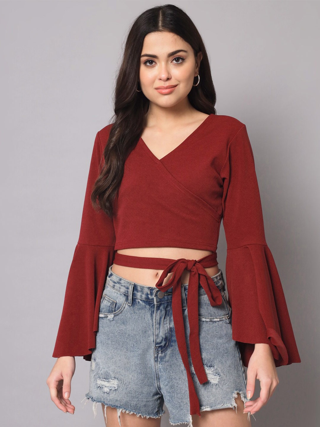 

AAHWAN Bell Sleeves Wrap Crop Top, Maroon