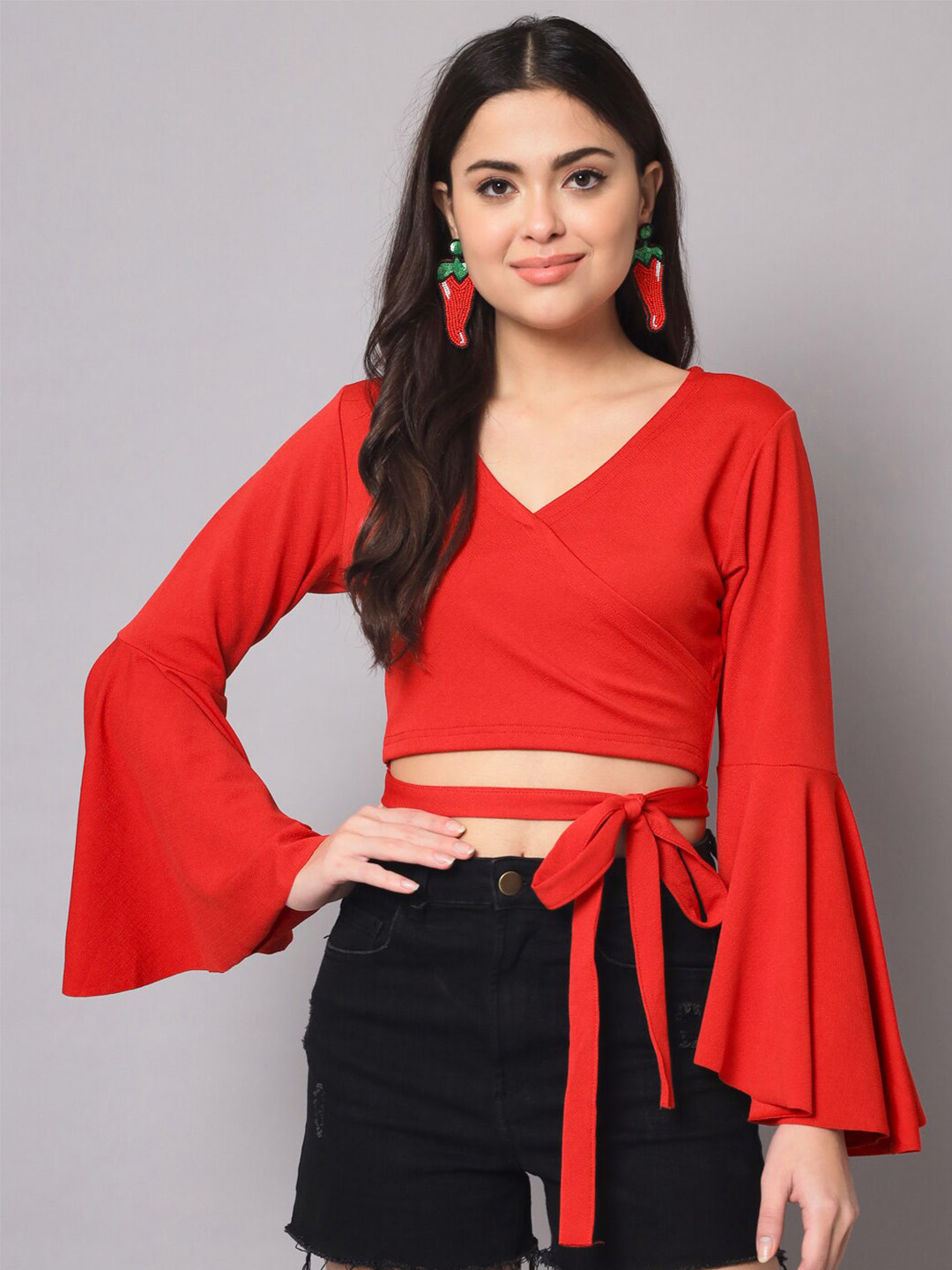 

AAHWAN V-Neck Wrap Crop Top, Red