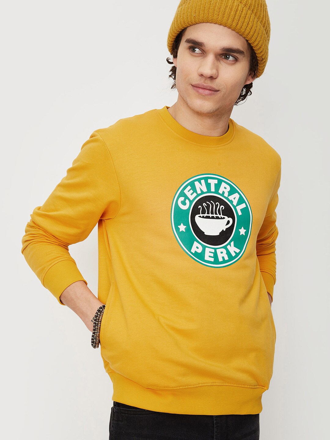

max Men Printed Cotton Sweatshirt, Yellow