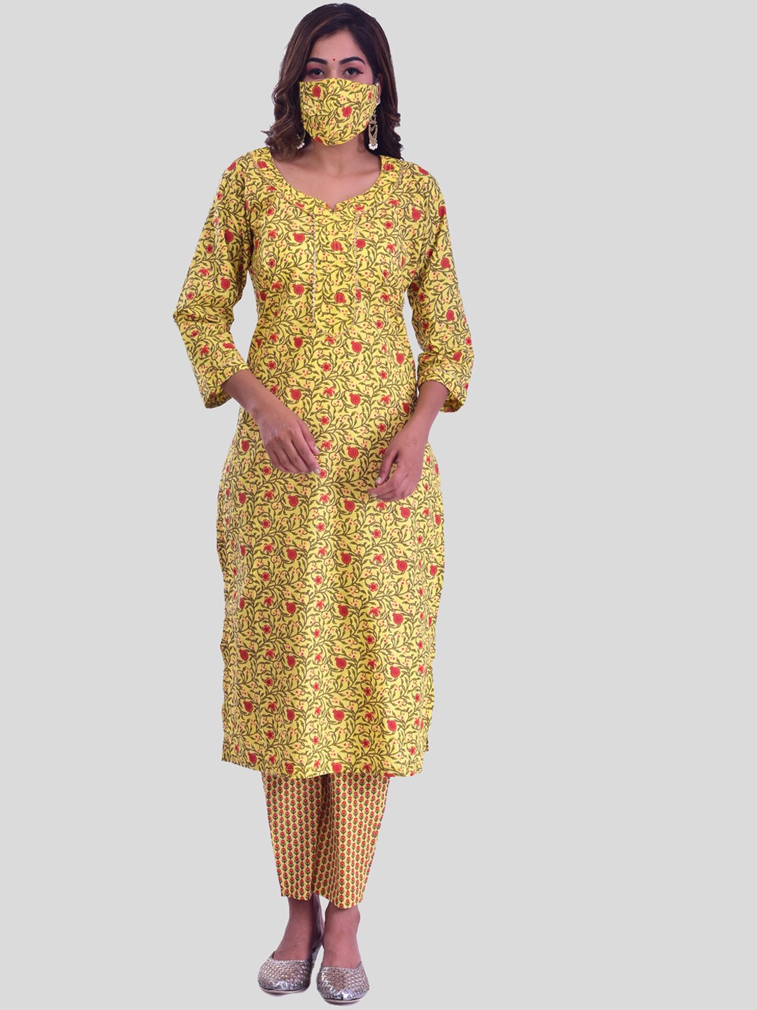 

Mishpra Women Ethnic Motifs Printed Pure Cotton Kurta with Trousers, Yellow