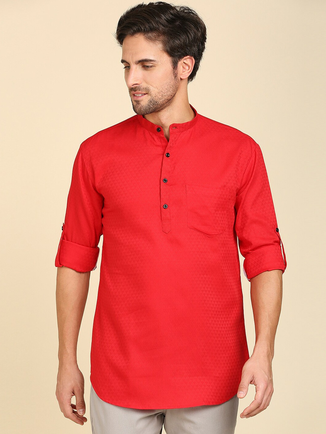 

RAJUBHAI HARGOVINDAS Men Mandarin Collar Cotton Kurta, Red