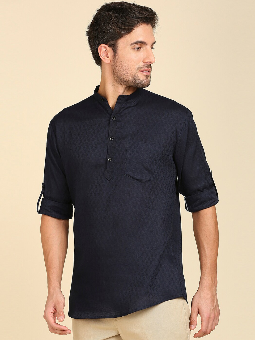 

RAJUBHAI HARGOVINDAS Woven Design Mandarin Collar Cotton Kurta, Navy blue