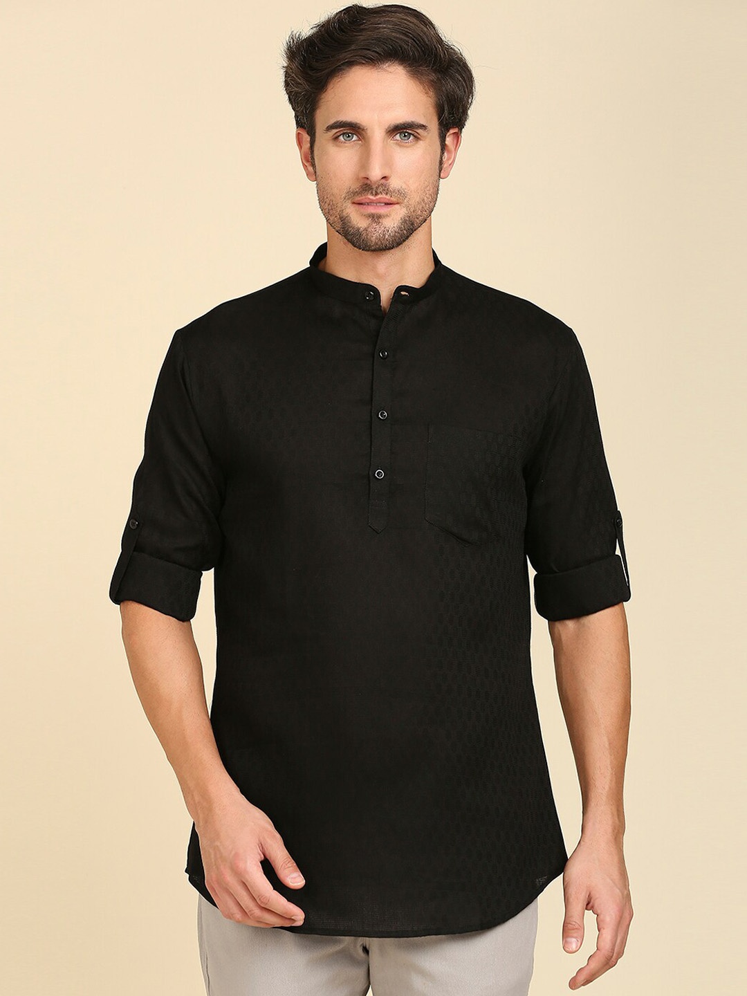 

RAJUBHAI HARGOVINDAS Men Pathani Cotton Kurta, Black