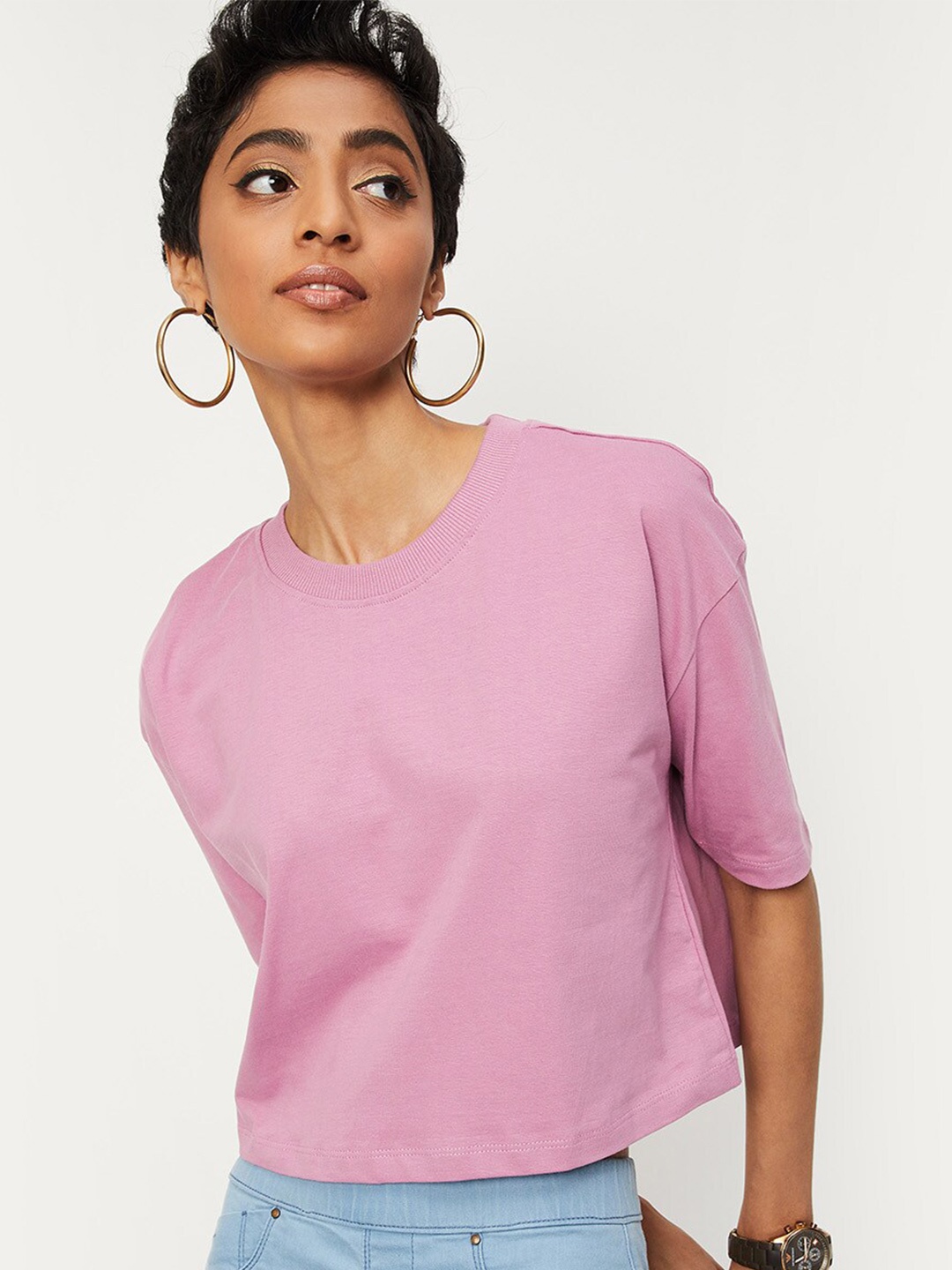 

max Women Drop Shoulder Sleeves Pure Cotton T-shirt, Purple