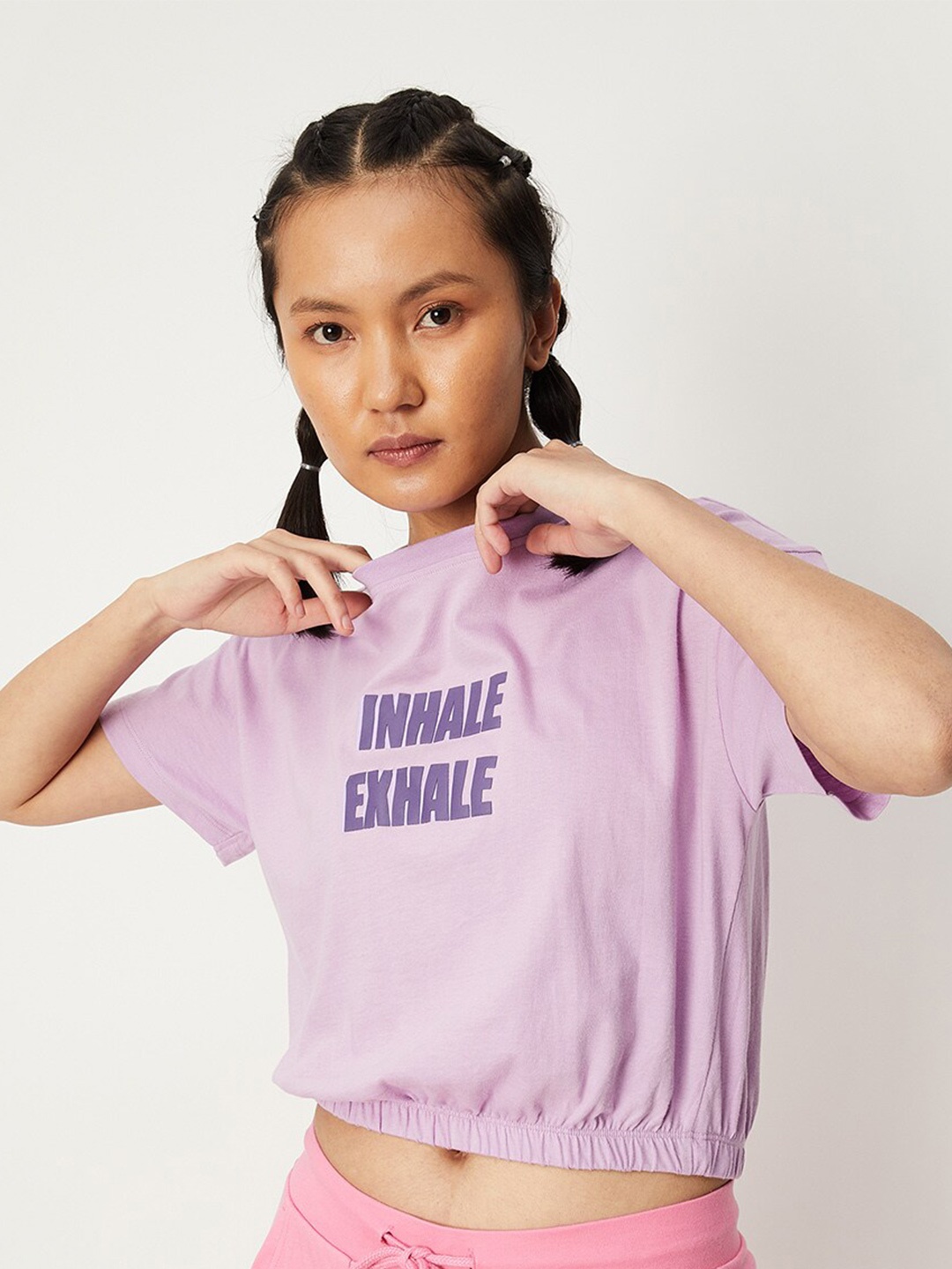 

max Women Typography Printed Drop- Shoulder Sleeves Cotton T-shirt, Lavender