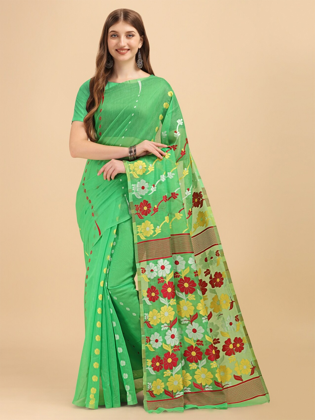 

TEREZA Woven Design Silk Cotton Jamdani Saree, Green