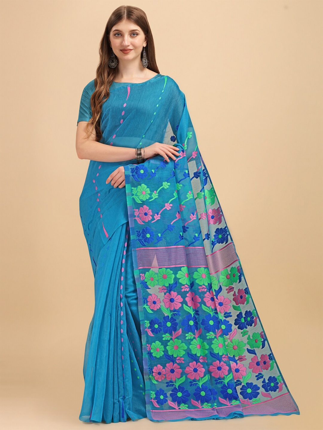 

TEREZA Woven Design Silk Cotton Jamdani Saree, Turquoise blue