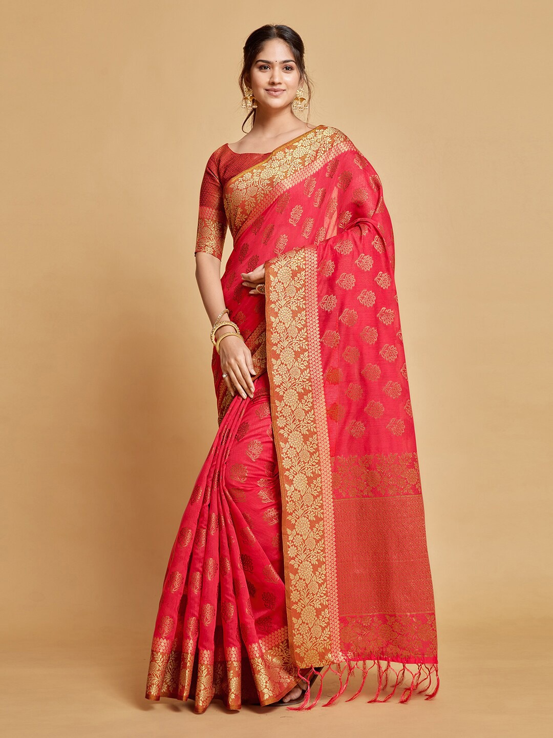 

GAJARAI Pink & Gold-Toned Ethnic Motifs Zari Art Silk Chanderi Saree