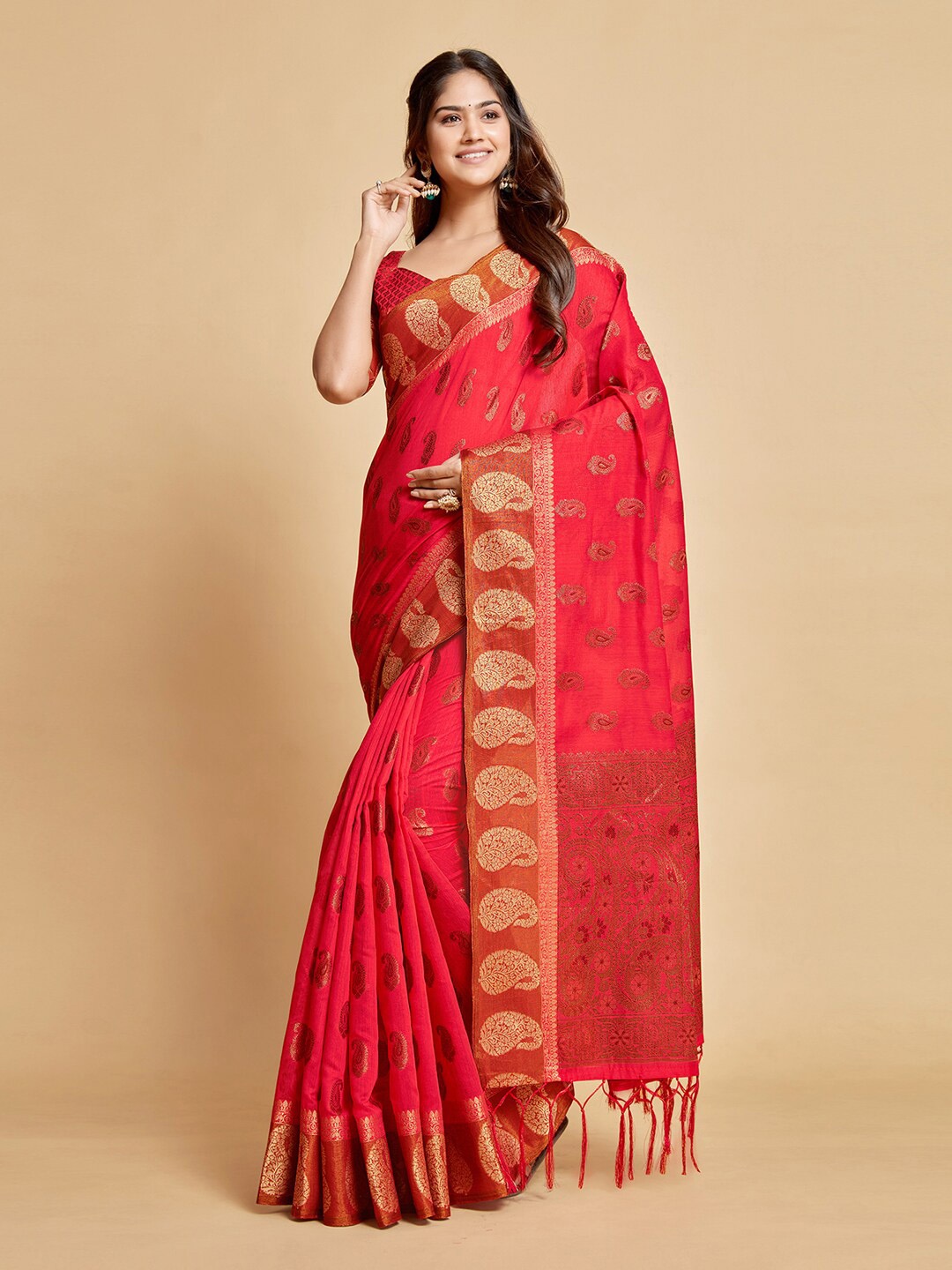 

GAJARAI Pink & Gold-Toned Woven Design Zari Art Silk Chanderi Saree