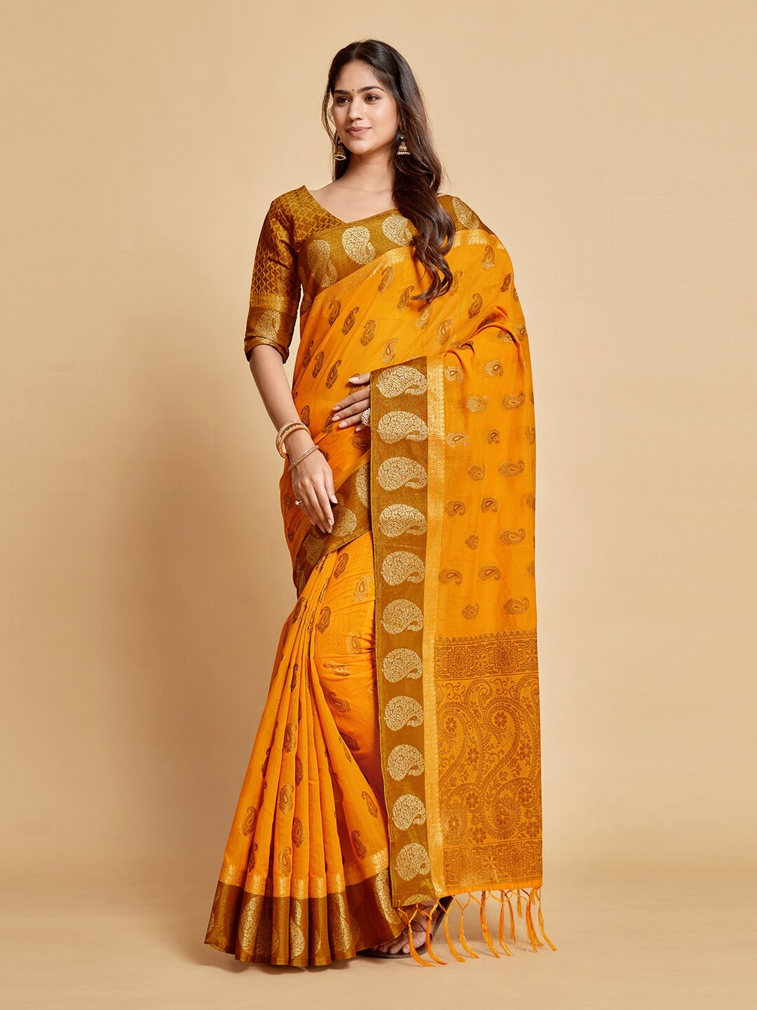 

GAJARAI Mustard & Gold-Toned Woven Design Zari Art Silk Chanderi Saree