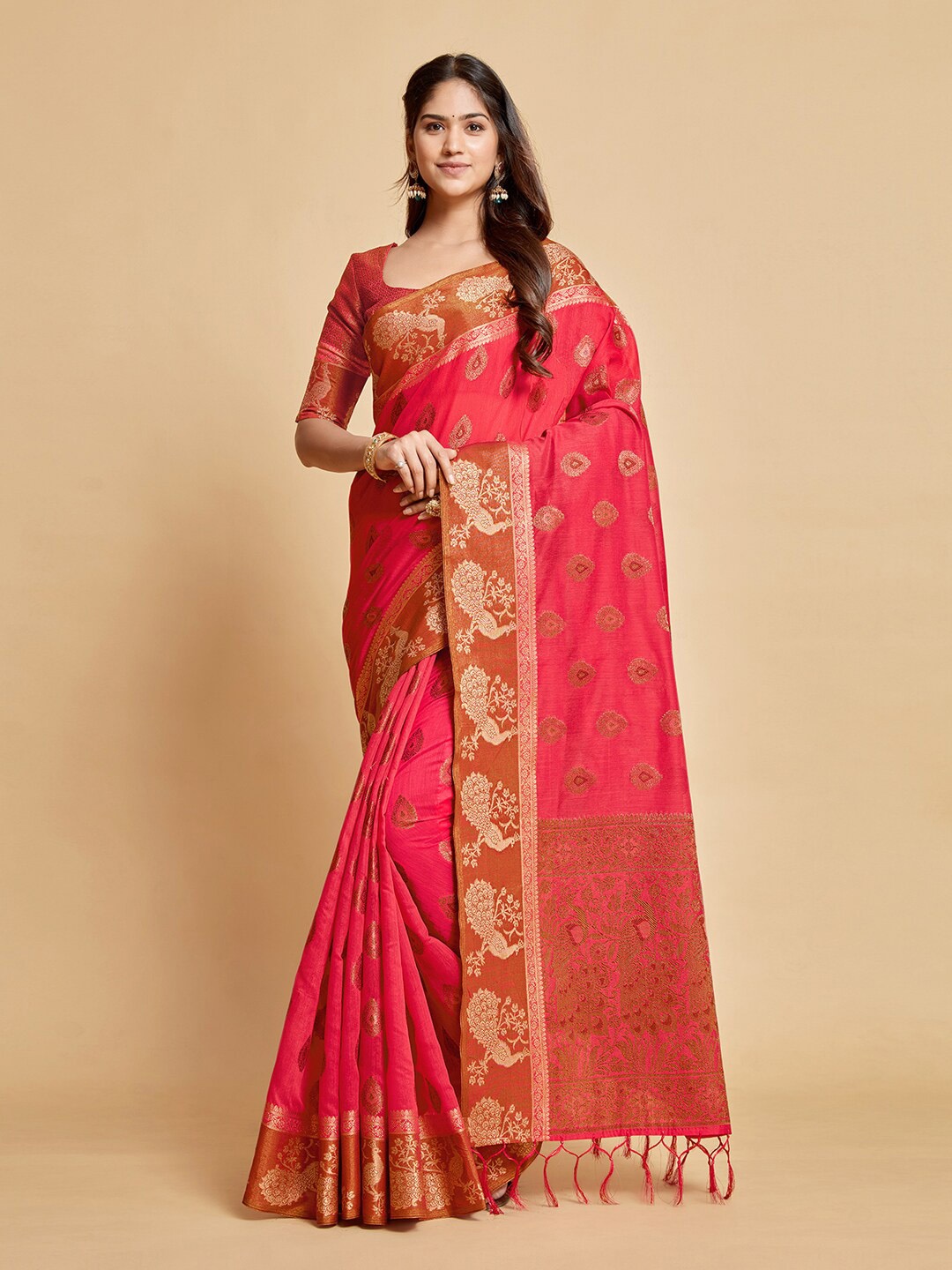 

GAJARAI Pink & Gold-Toned Ethnic Motifs Zari Art Silk Chanderi Saree