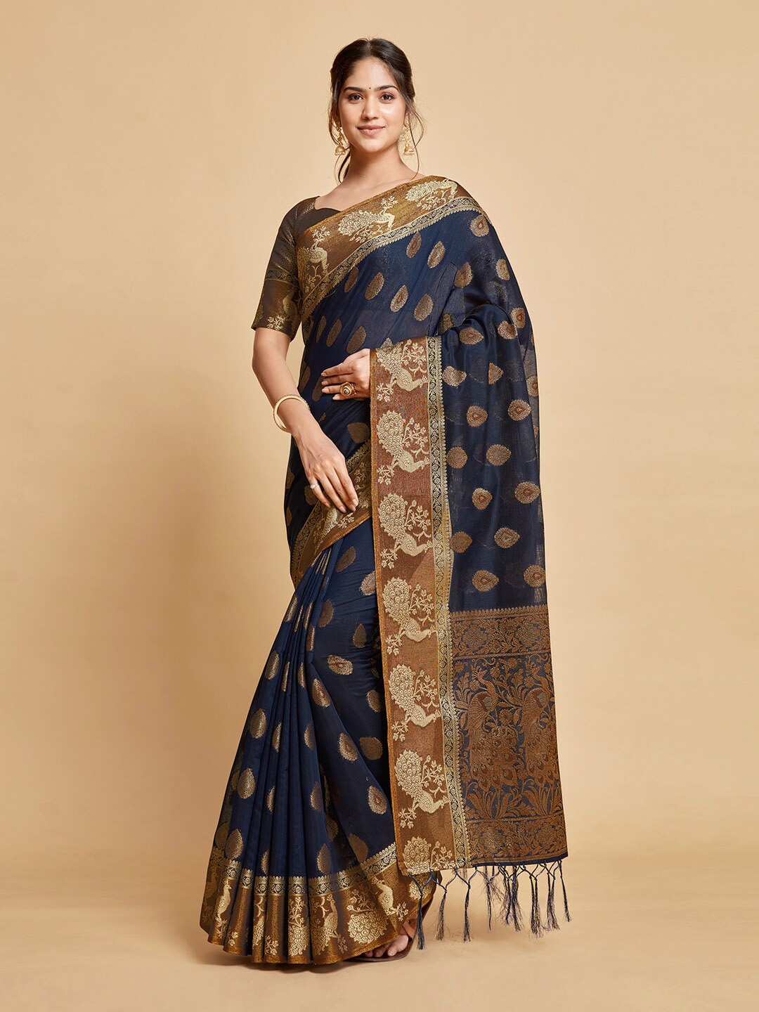 

GAJARAI Navy Blue & Brown Woven Design Zari Art Silk Chanderi Saree