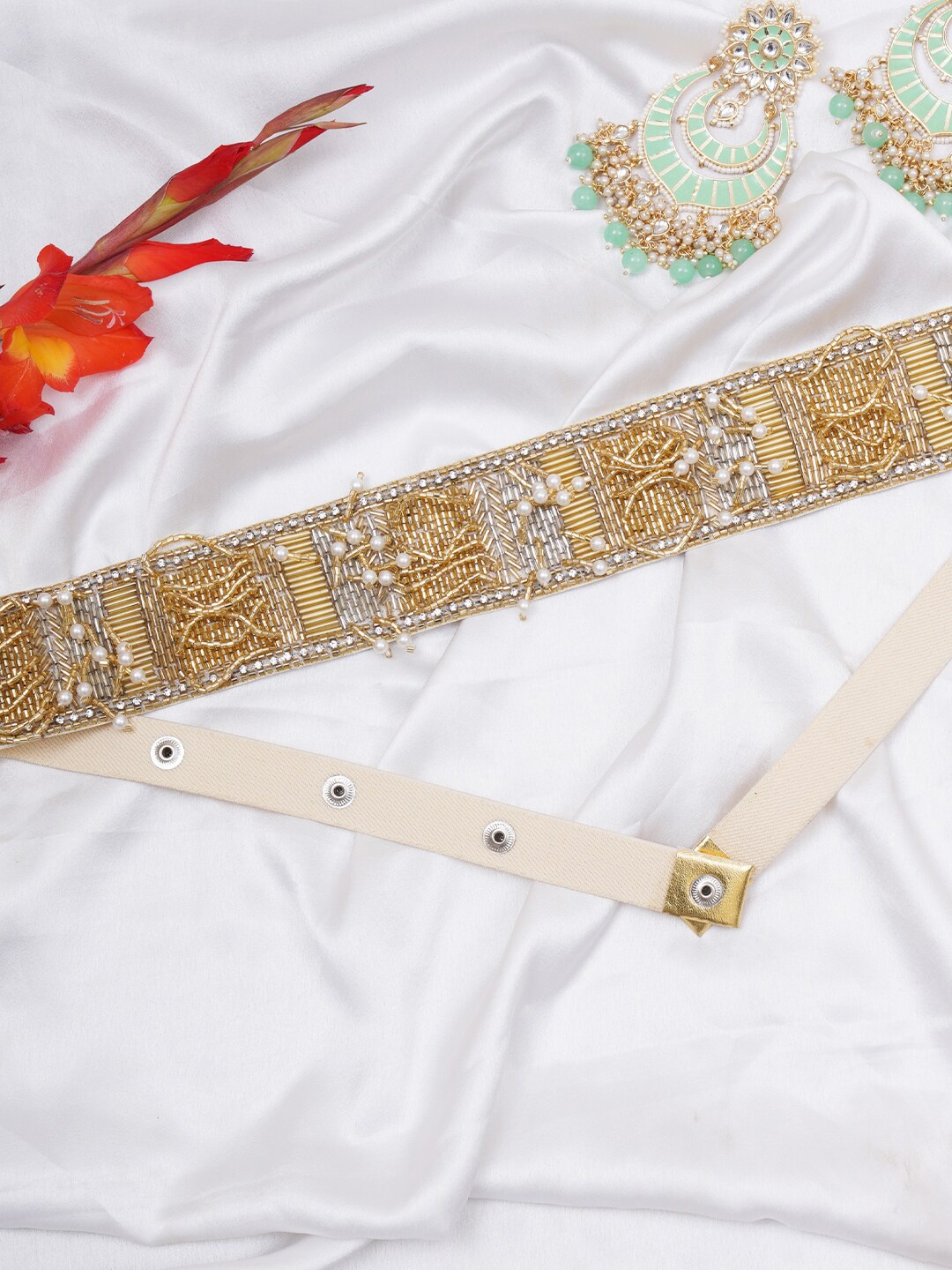 

FABBHUE Women Embellished Push Pin Belt, Gold