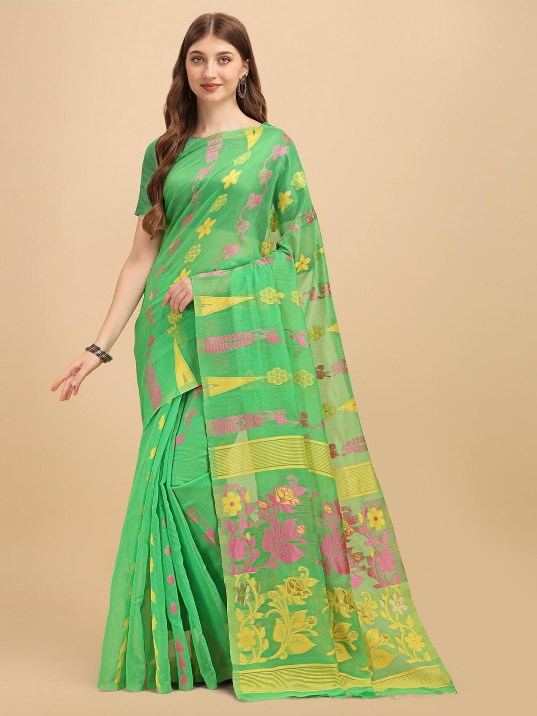 

TEREZA Woven Design Silk Cotton Jamdani Saree, Fluorescent green
