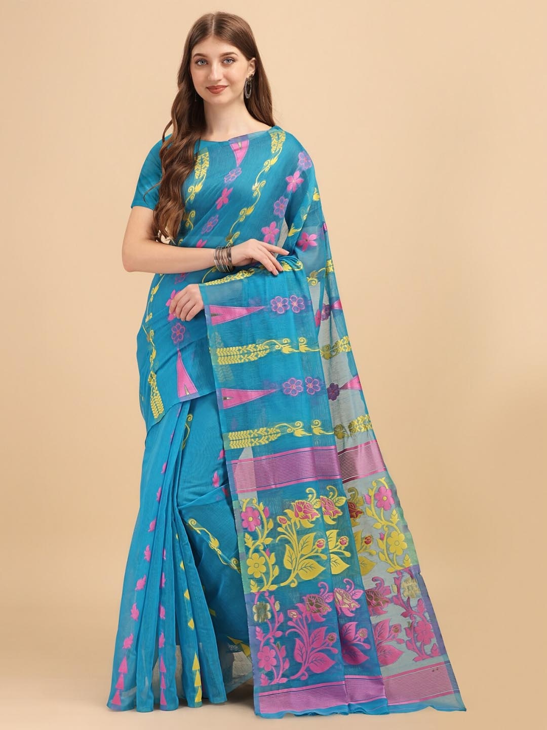 

TEREZA Woven Design Silk Cotton Jamdani Saree, Turquoise blue