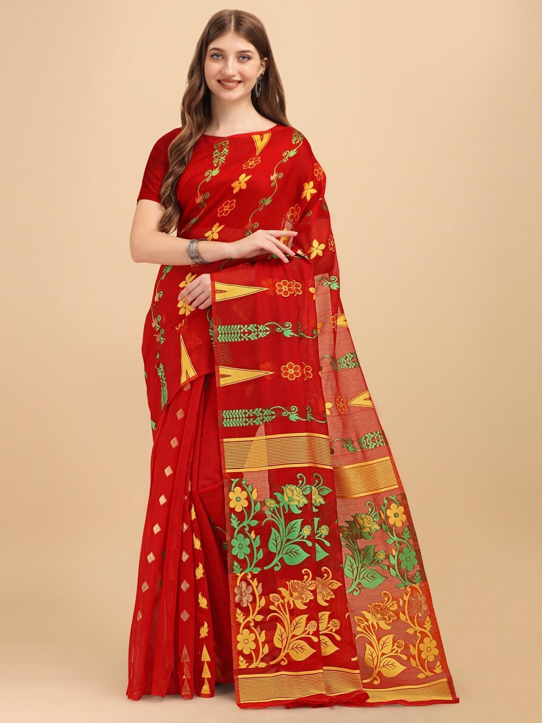 

TEREZA Woven Design Zari Silk Cotton Jamdani Saree, Red