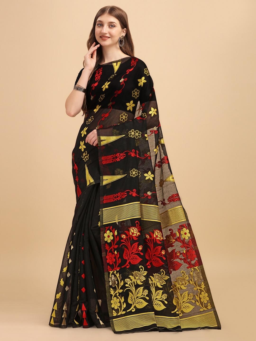 

TEREZA Ethnic Motifs Silk Cotton Jamdani Saree, Black