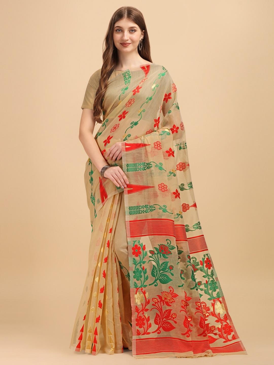 

TEREZA Ethnic Motifs Silk Cotton Jamdani Saree, Cream